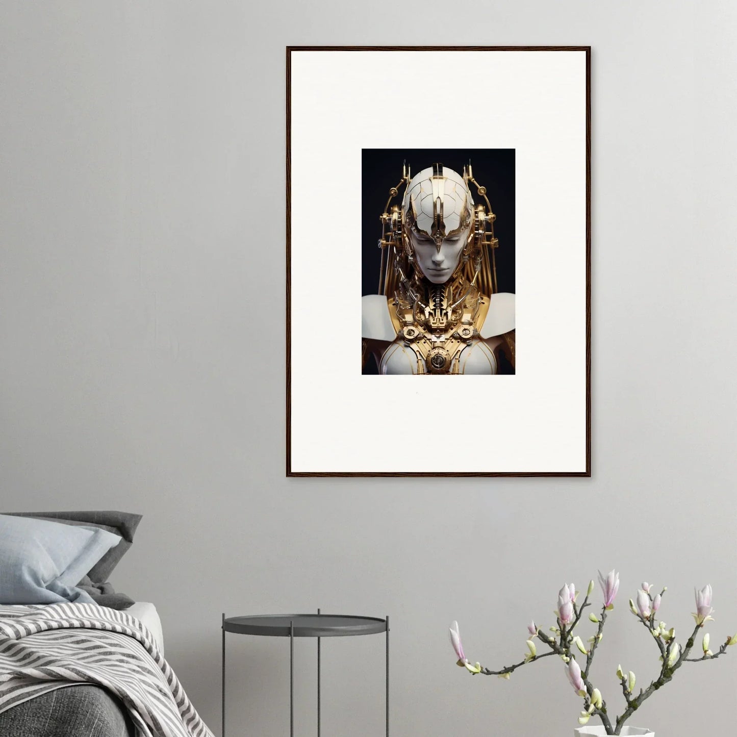 Framed canvas print of a Wavelength Guardian in a golden headdress for cool room decoration