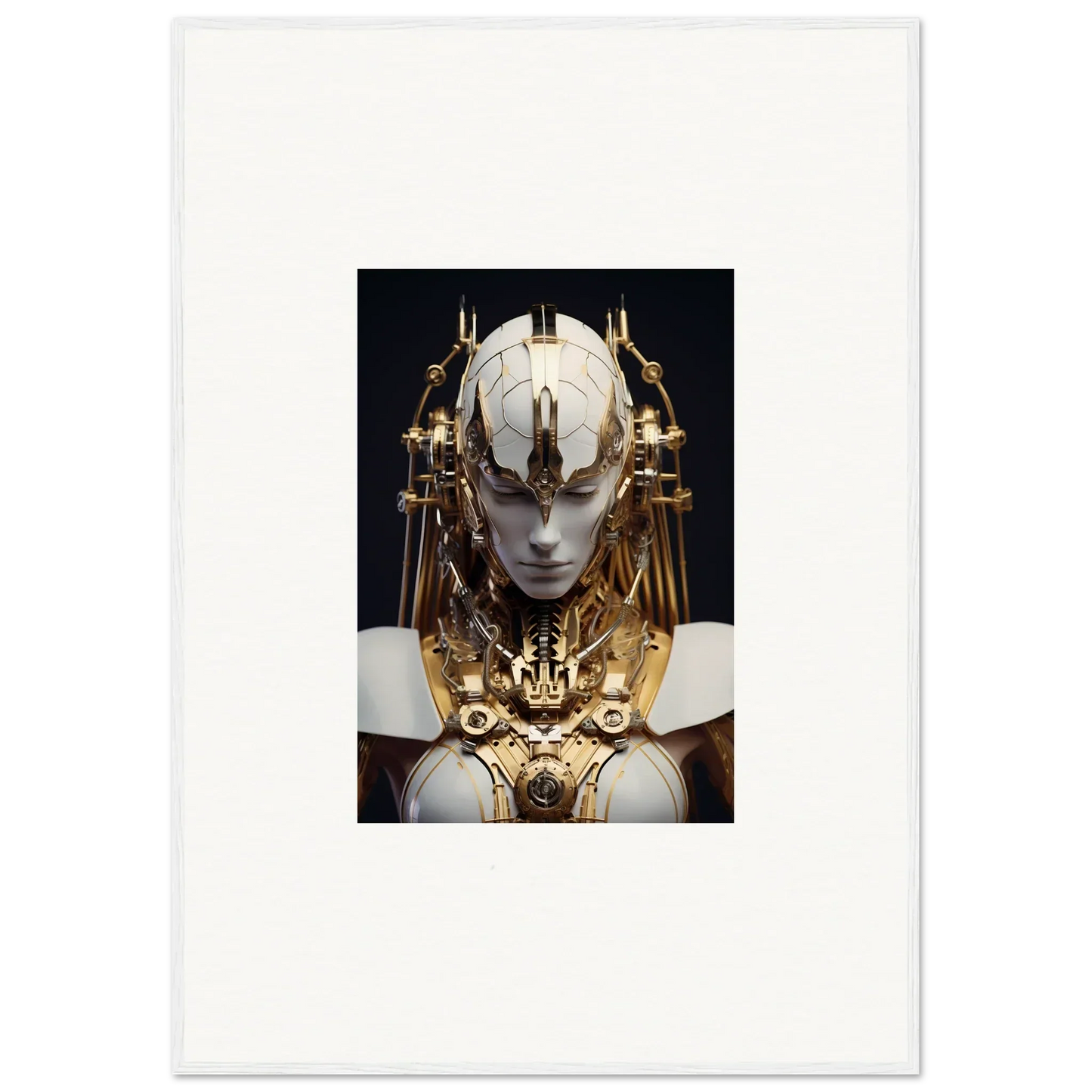 Ornate golden headdress on a pale face, perfect for your Wavelength Guardian canvas print room decoration