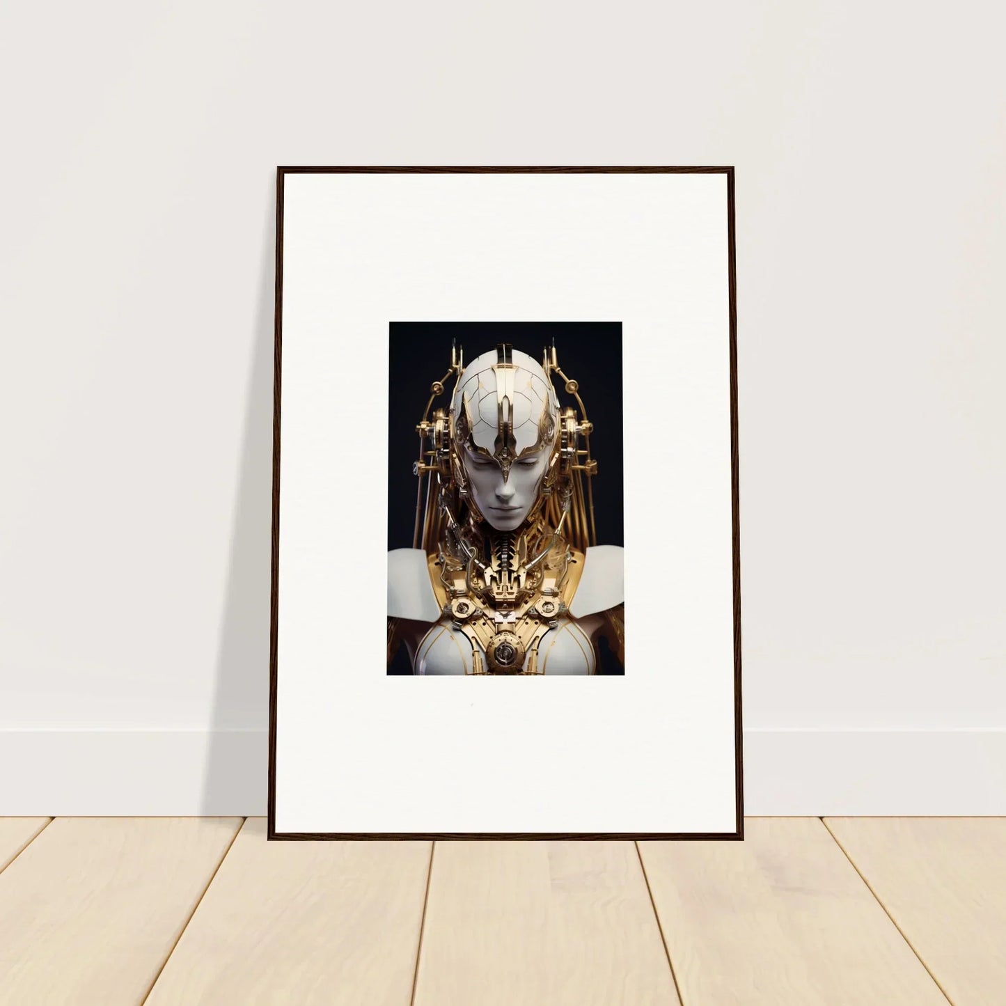 Surreal canvas print of a golden robotic face, perfect for room decoration and Wavelength Guardian vibes