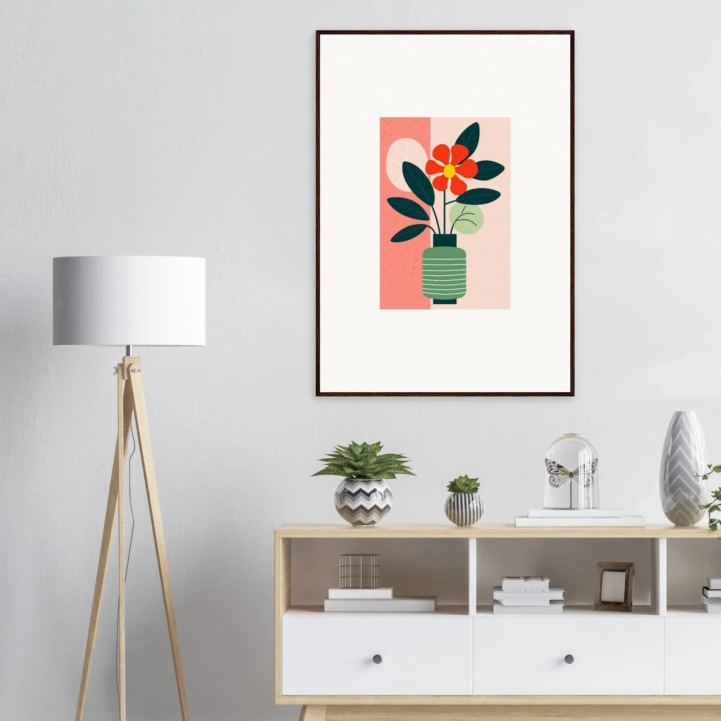Framed canvas print of Bloom Echoes with a potted plant and vibrant red flowers