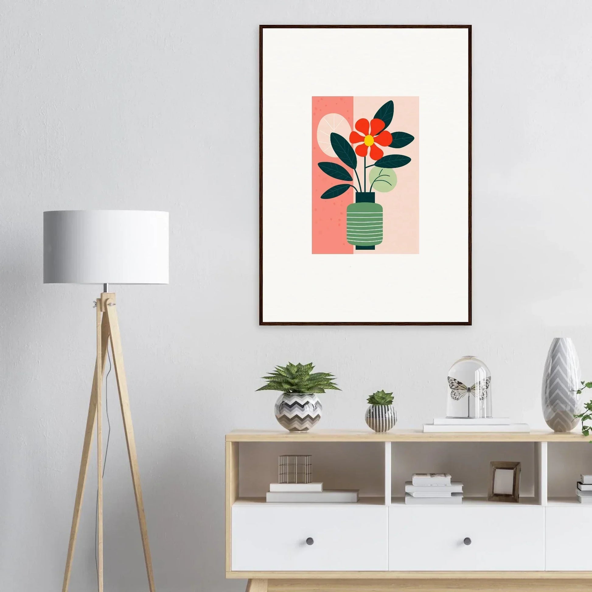 Framed canvas print of Bloom Echoes with a potted plant and vibrant red flowers