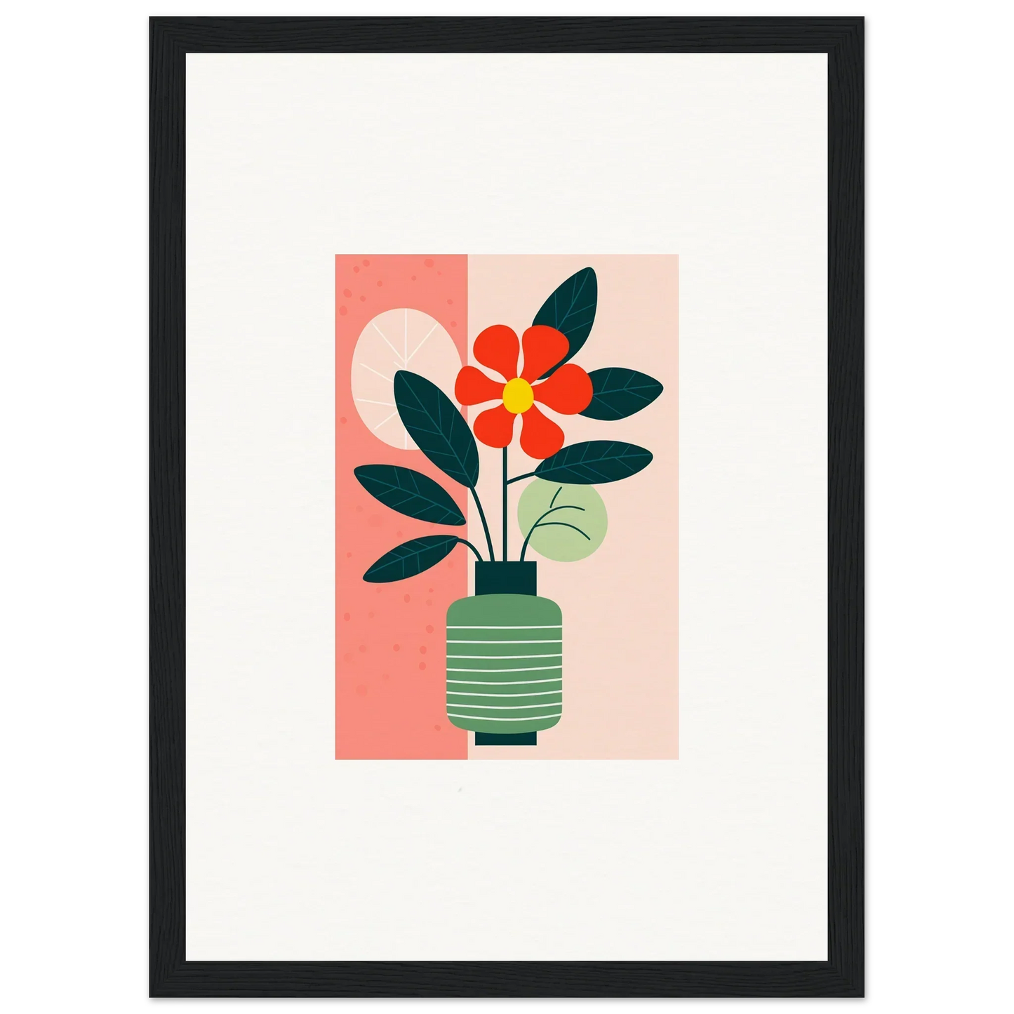 Stylized illustration of a red flower in a green striped vase for room decoration