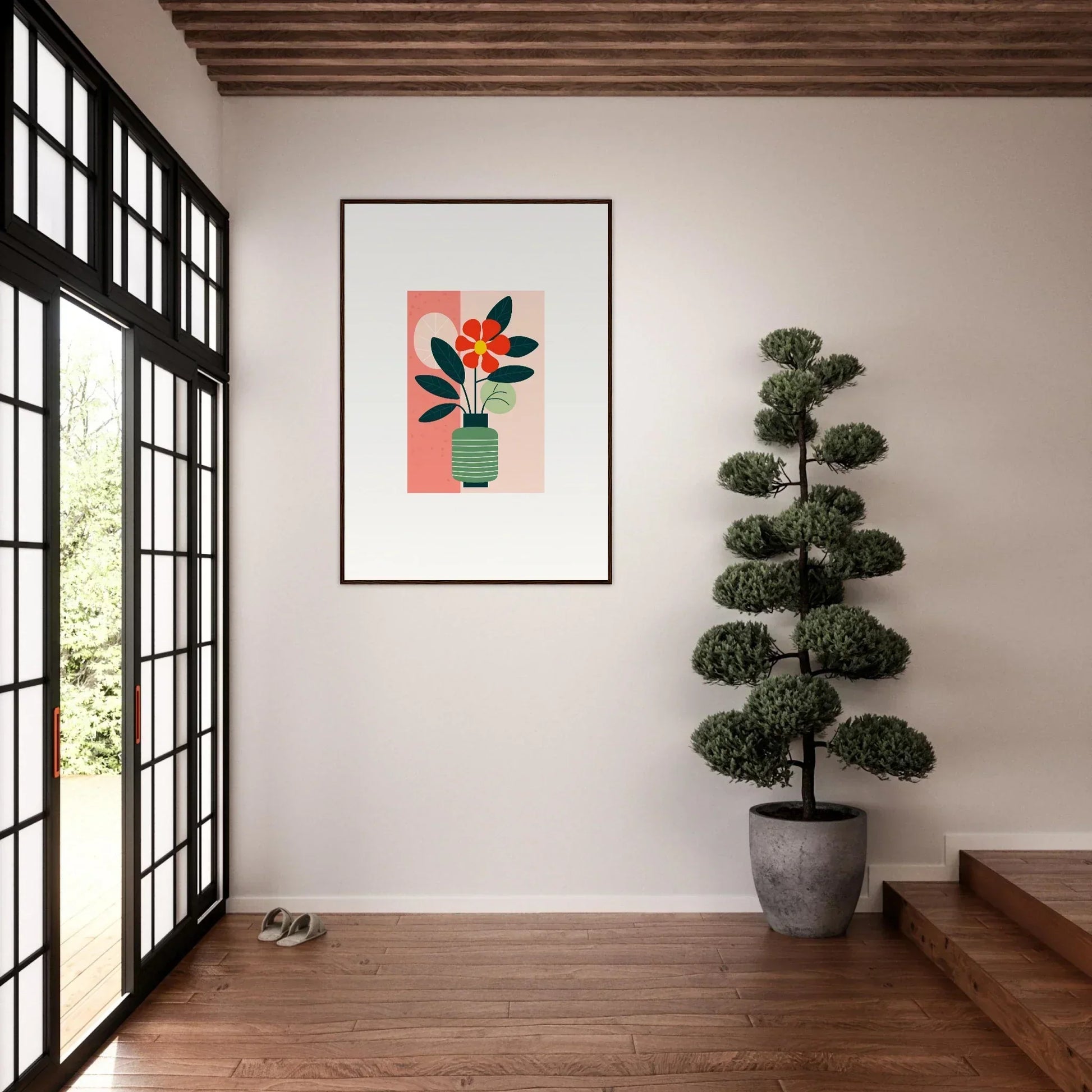 Framed canvas print of Bloom Echoes with a vase and flowers on a pink background