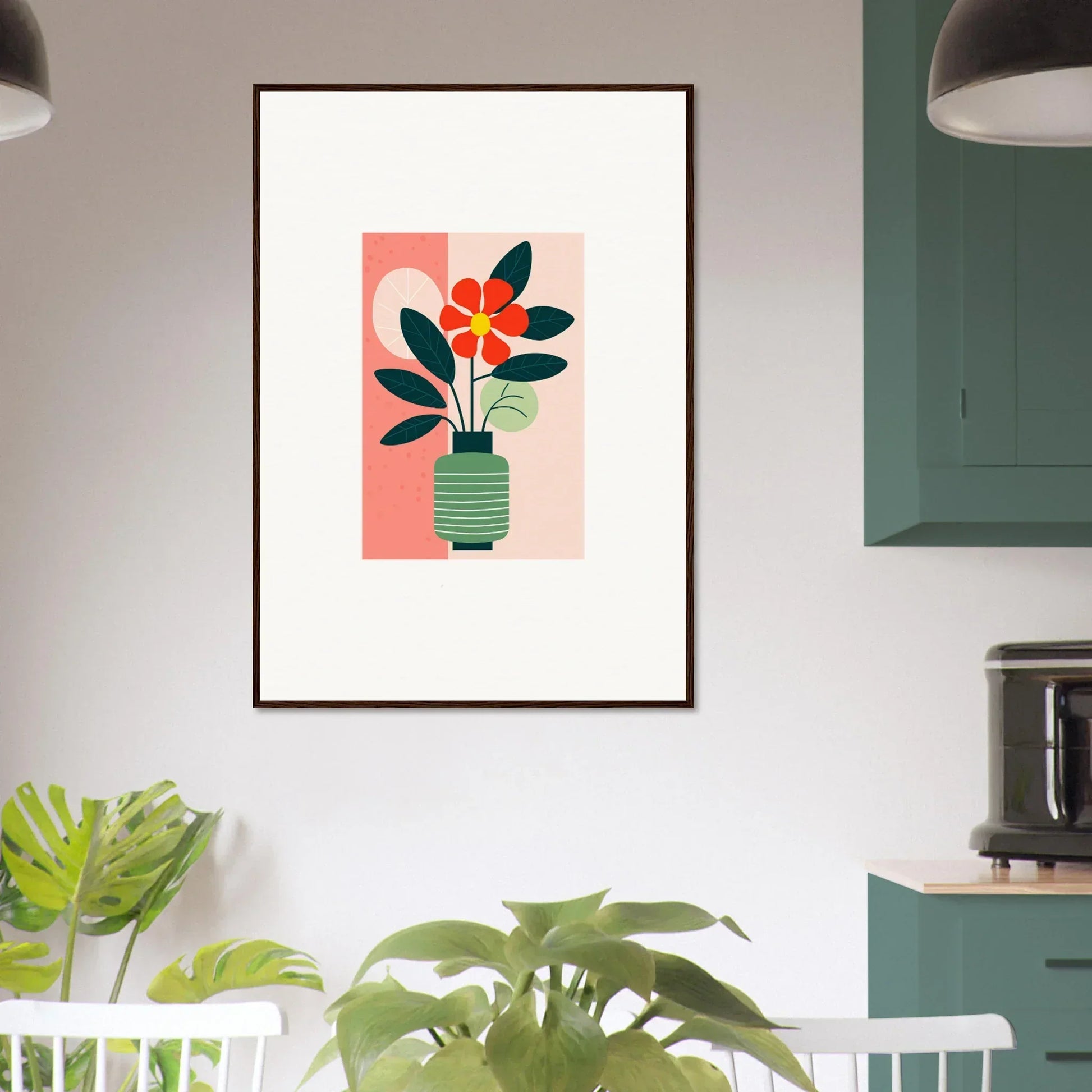 Framed canvas print of stylized bloom echoes in vase, perfect for room decoration