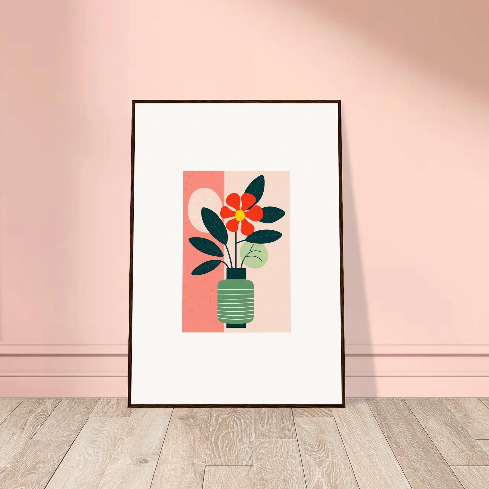 Framed canvas print of bloom echoes featuring a potted plant with a red flower
