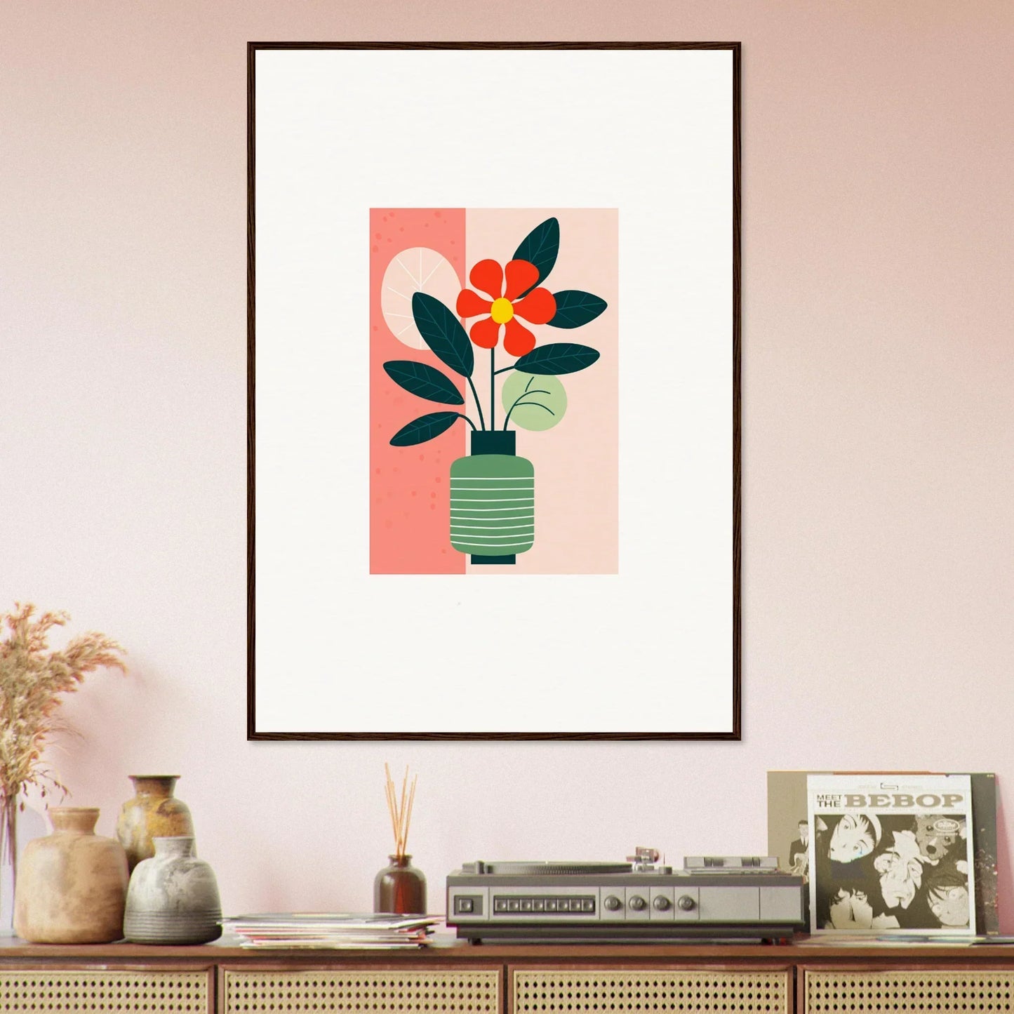 Framed canvas print of bloom echoes with a red flower in a green vase, perfect for room decoration