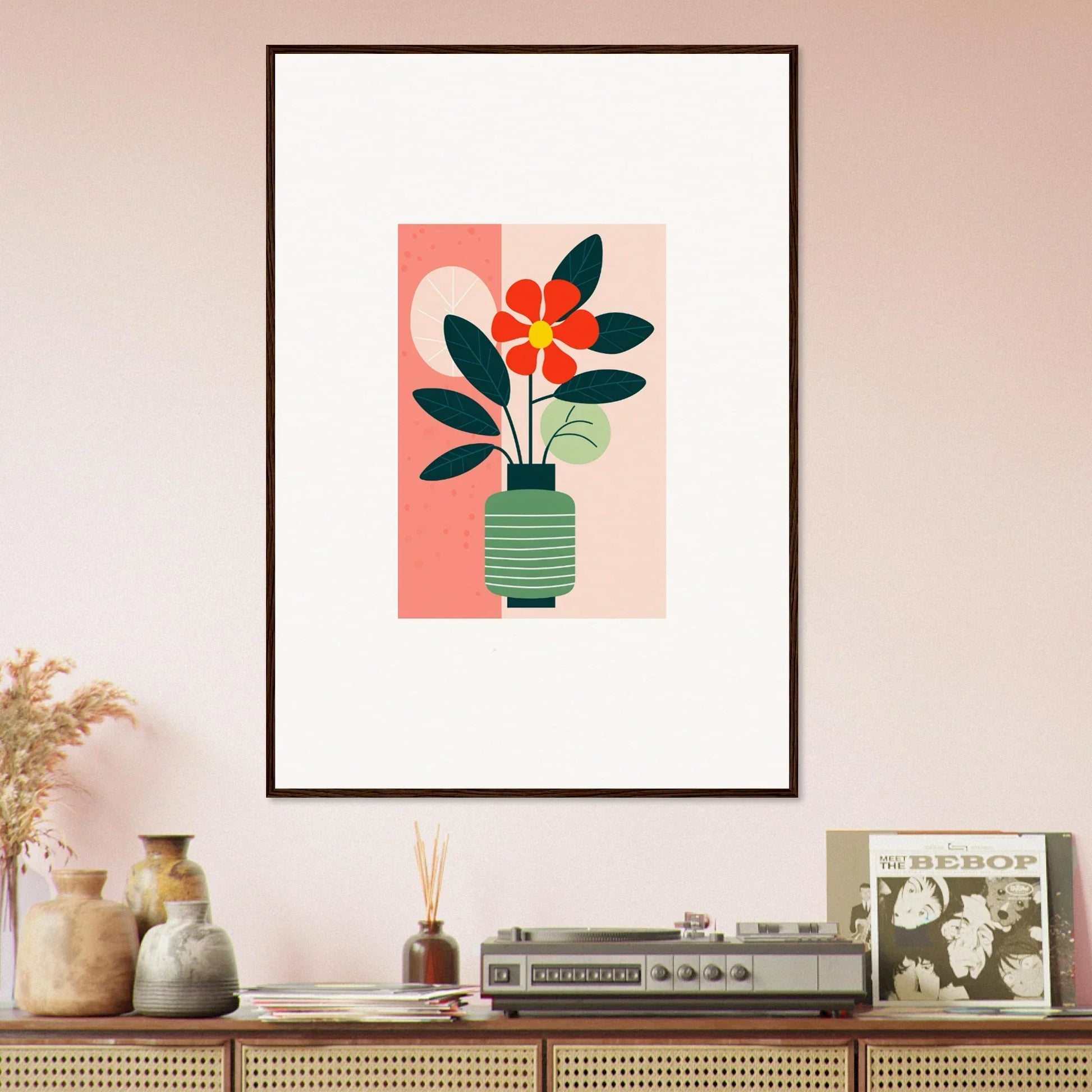Framed canvas print of bloom echoes with a red flower in a green vase, perfect for room decoration