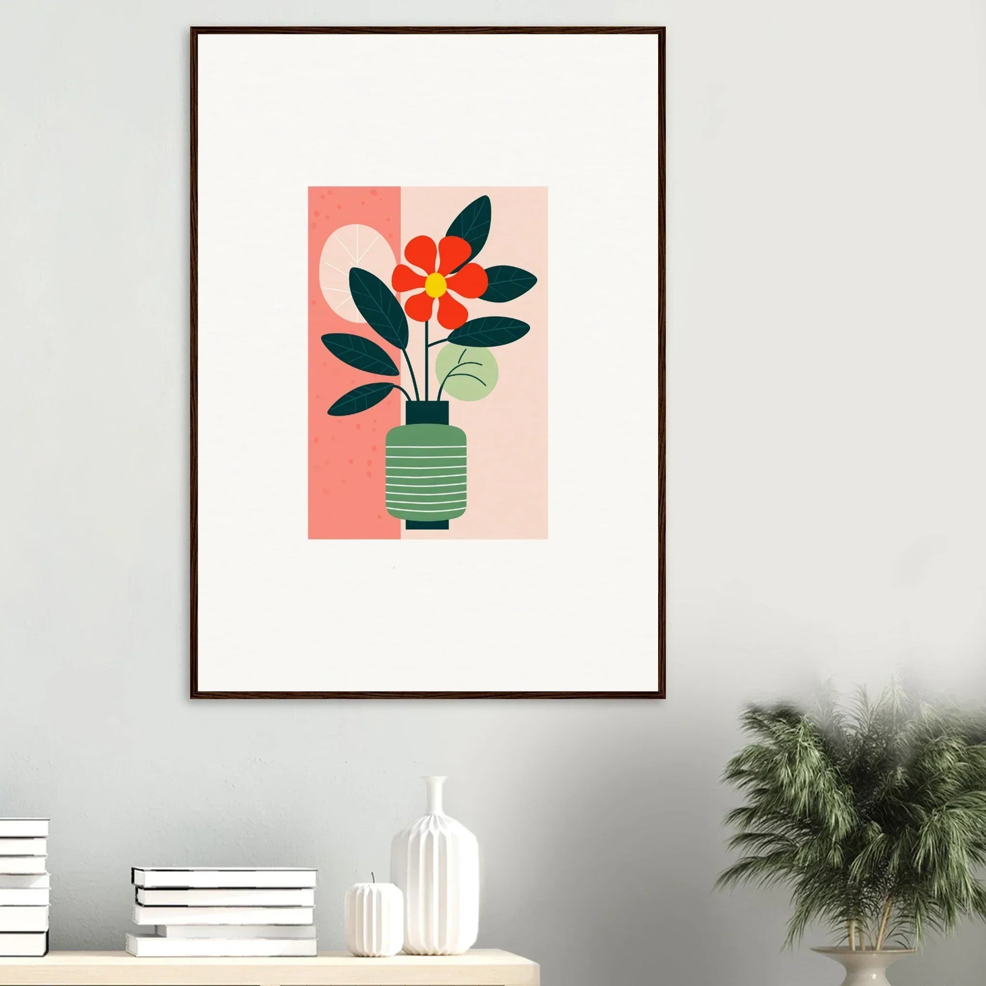 Framed canvas print of Bloom Echoes featuring a flower in a vase for cool room decoration