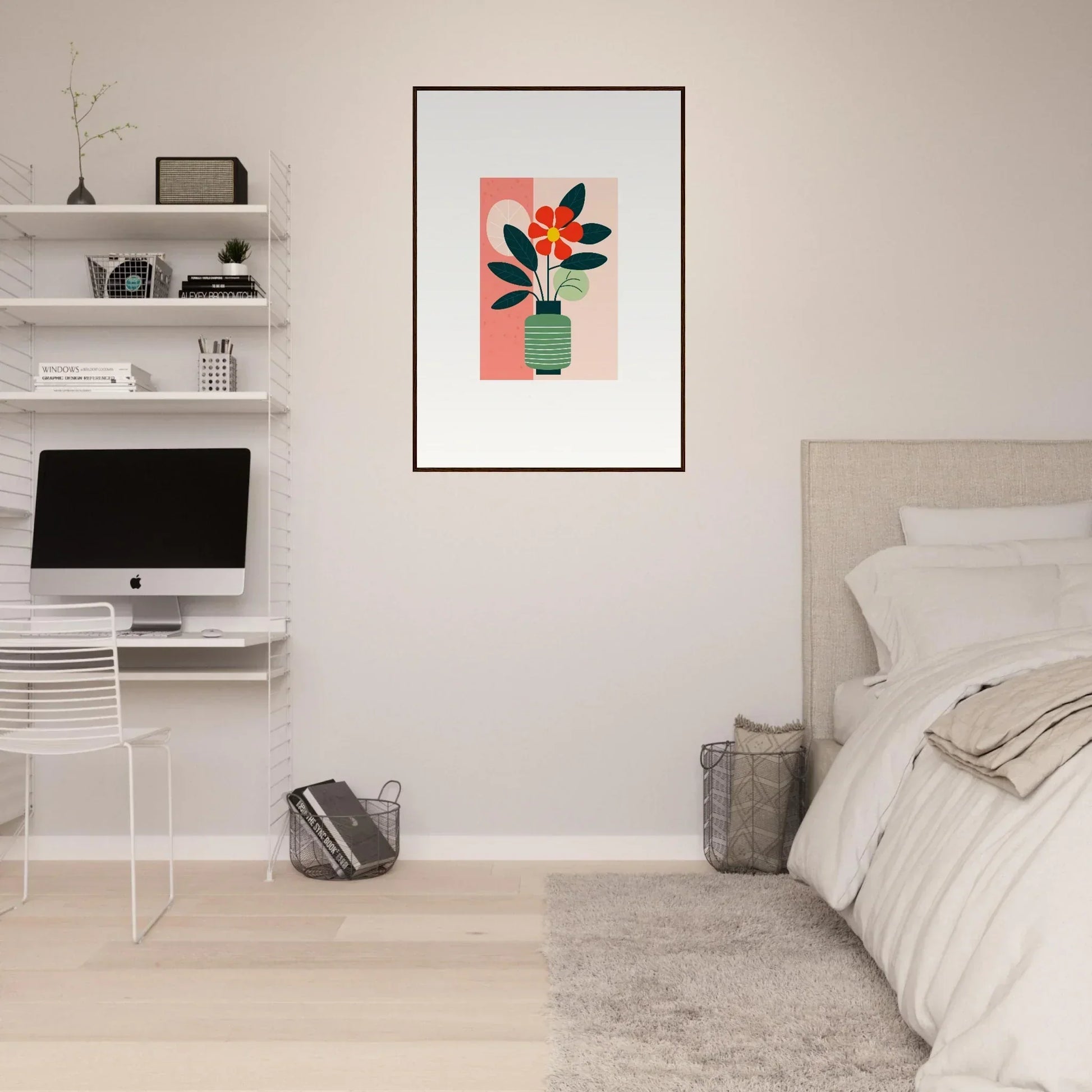 Framed canvas print of Bloom Echoes with a flower vase and pink background for room decoration