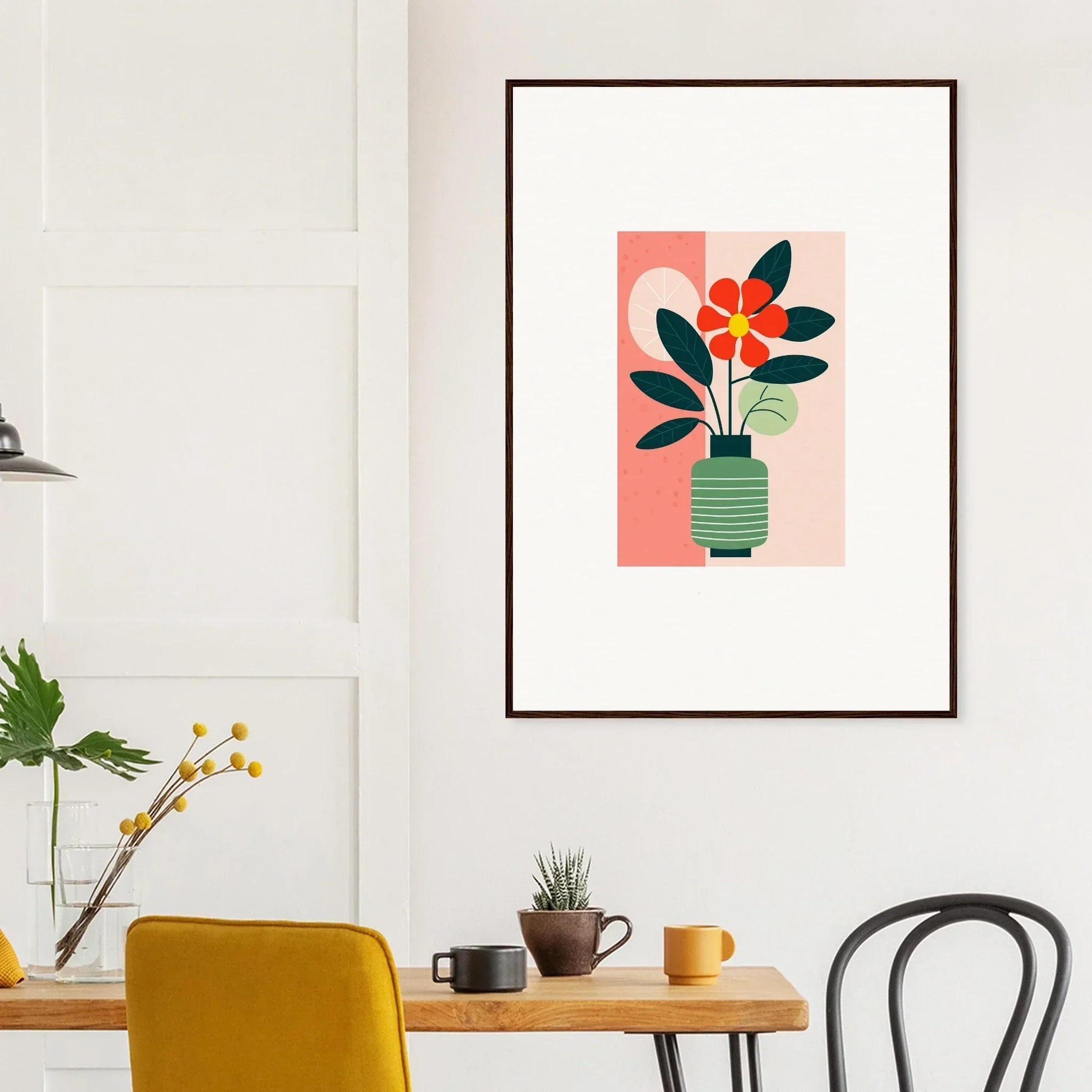 Framed canvas print of bloom echoes in a green vase on a pink background