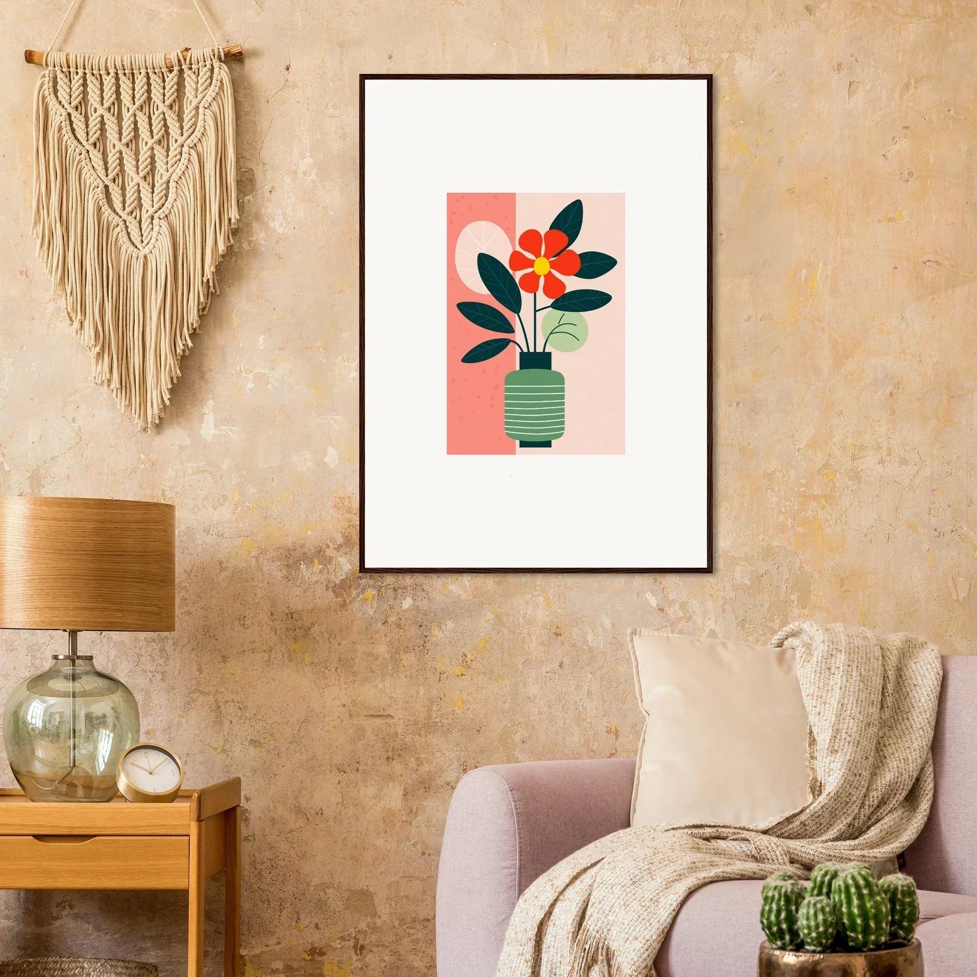 Framed canvas print of Bloom Echoes with a potted plant and red flowers, perfect for room decoration