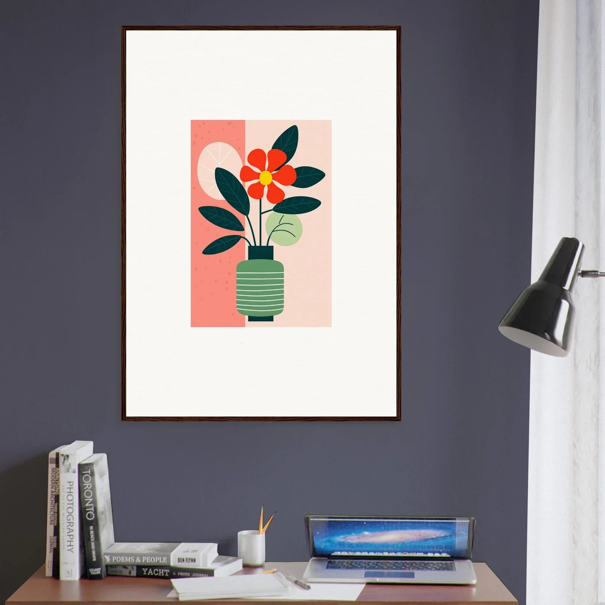 Stylized potted plant with red flower on pink, perfect for bloom echoes room decoration