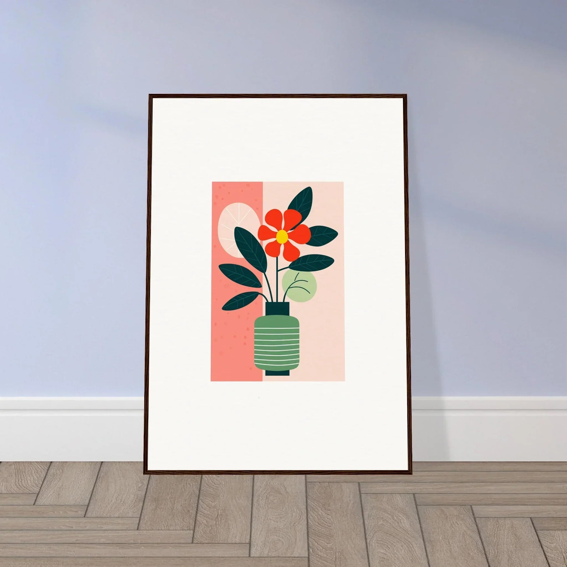 Framed canvas print of Bloom Echoes with a stylized flower on a pink background