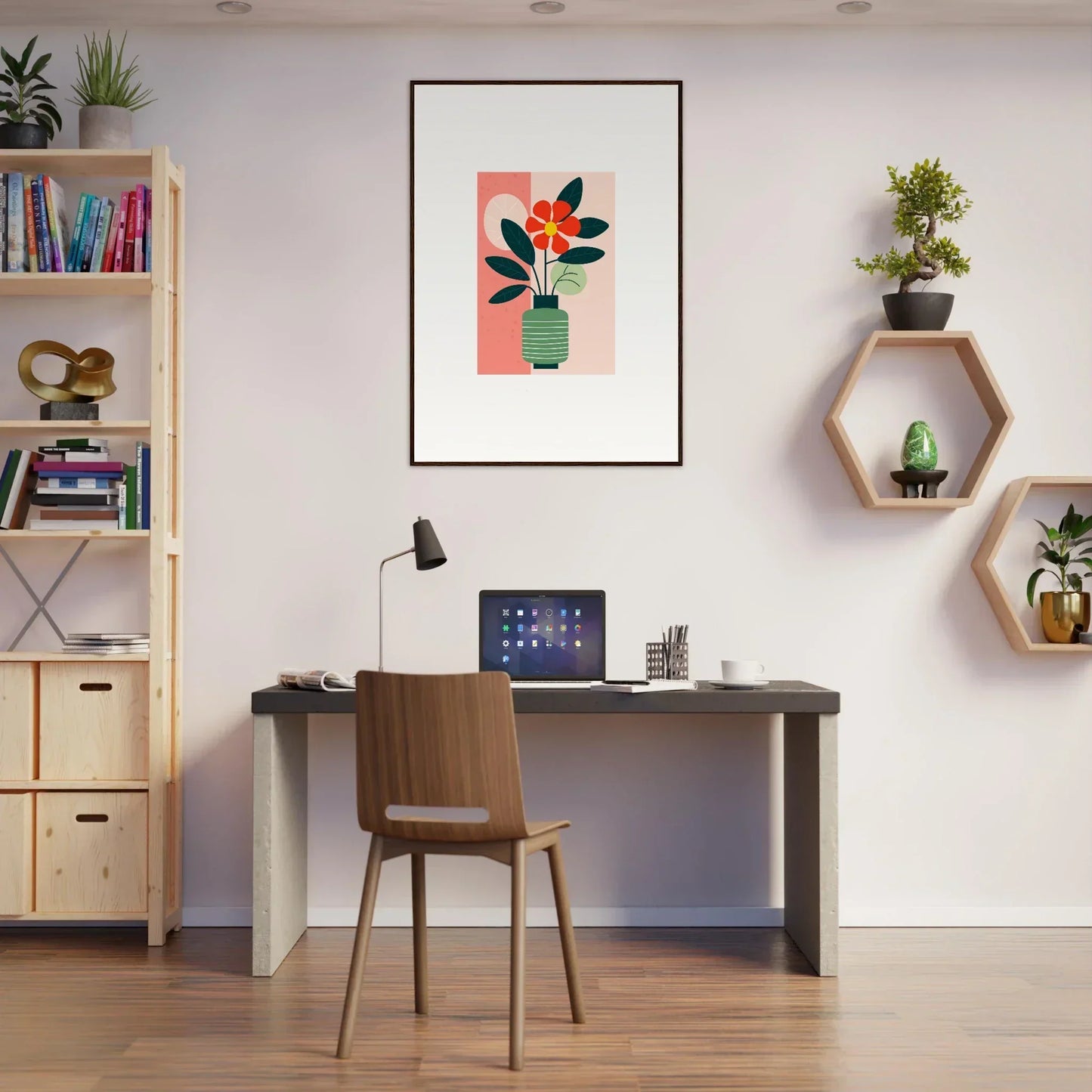 Modern home office with desk, chair, and Bloom Echoes canvas print for stylish room decoration