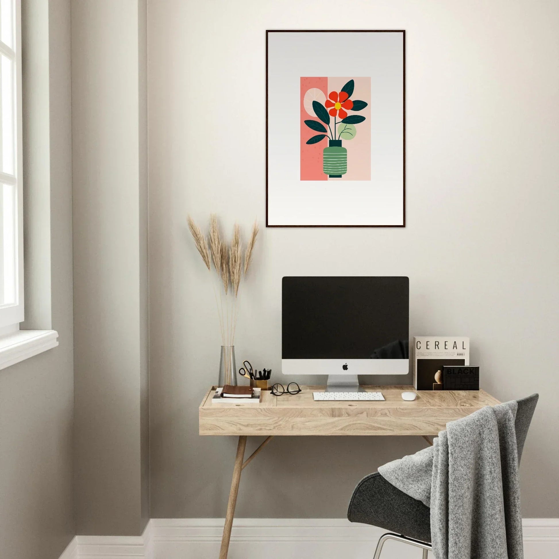 Minimalist workspace with wooden desk and Bloom Echoes canvas print for stylish room decoration