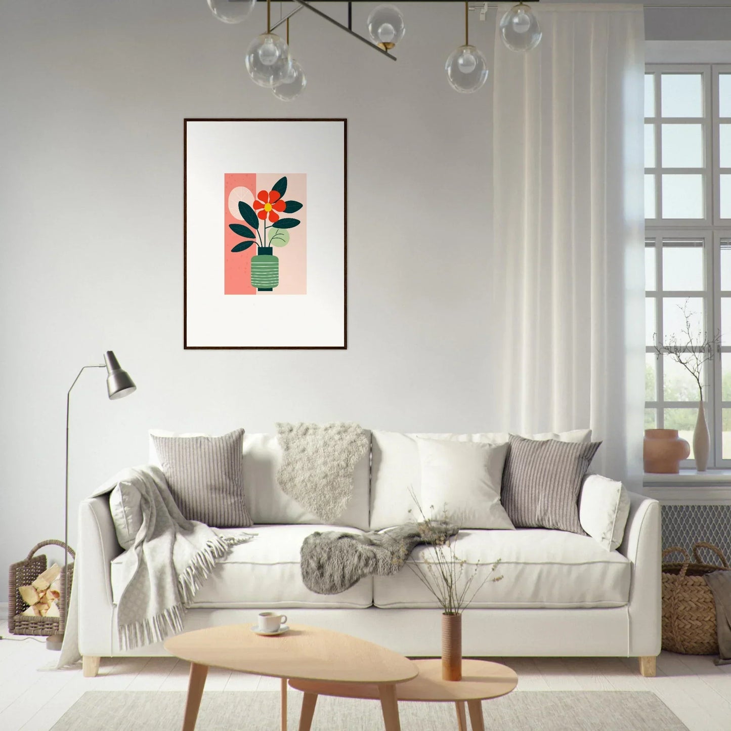 White sofa with throw pillows and blankets for a cozy room decoration with Bloom Echoes