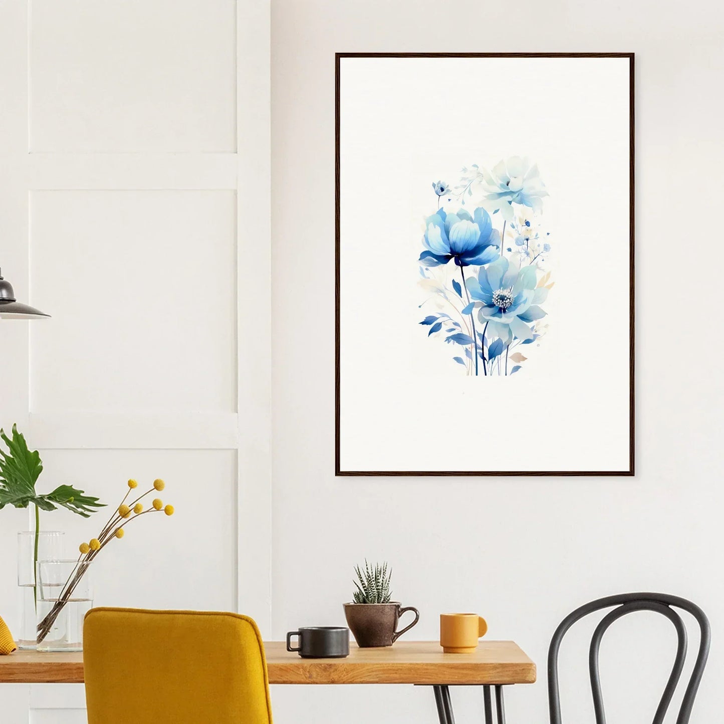 Framed watercolor painting of blue poppies for stylish room decoration, Blooms Eclipsed