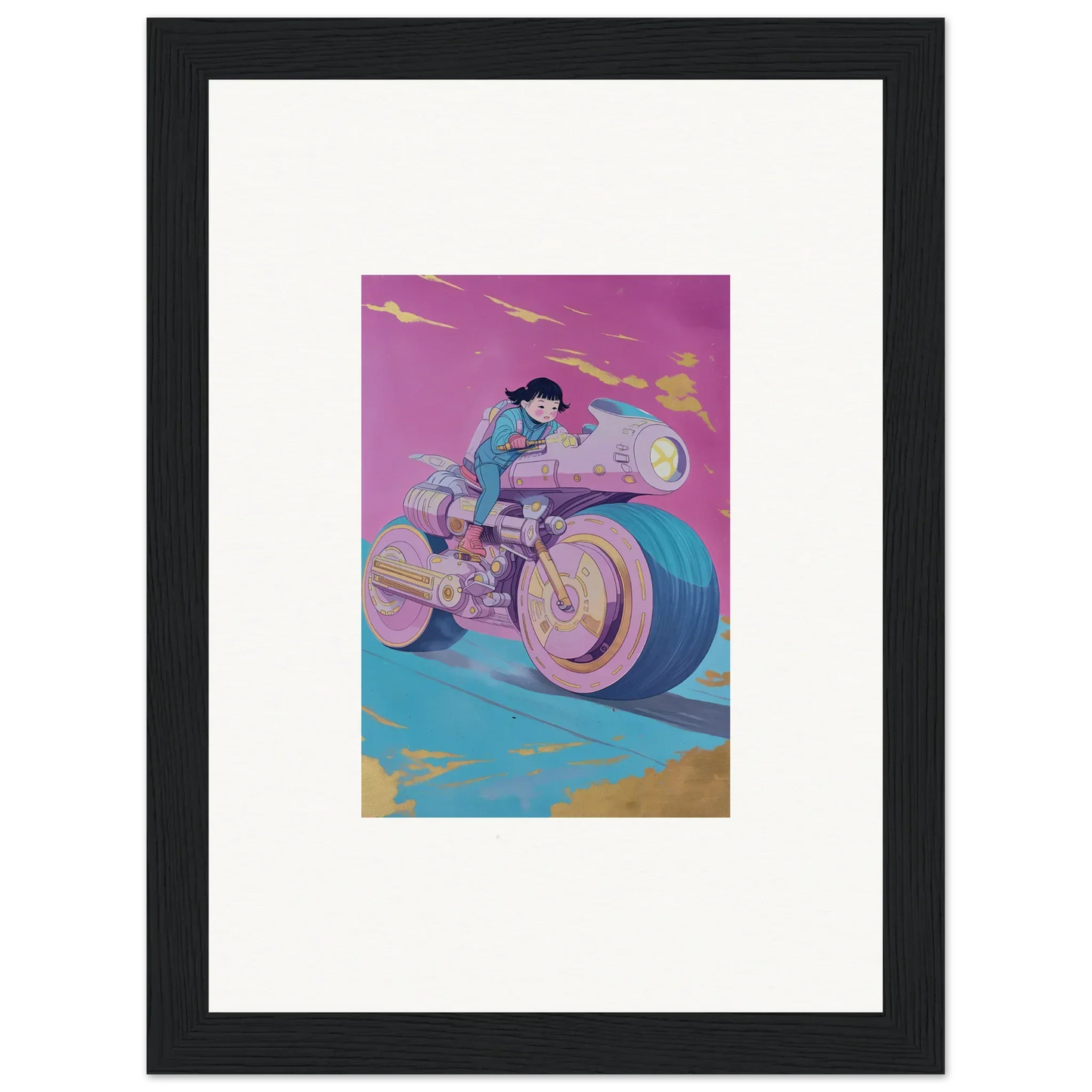 Stylized illustration of a person on a futuristic motorcycle for growing pulses room decor