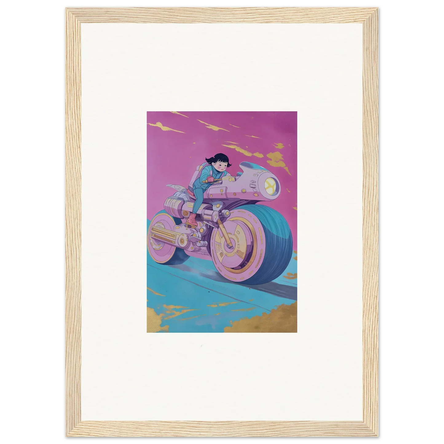 Colorful illustration of a person on a futuristic motorcycle for unique room decor