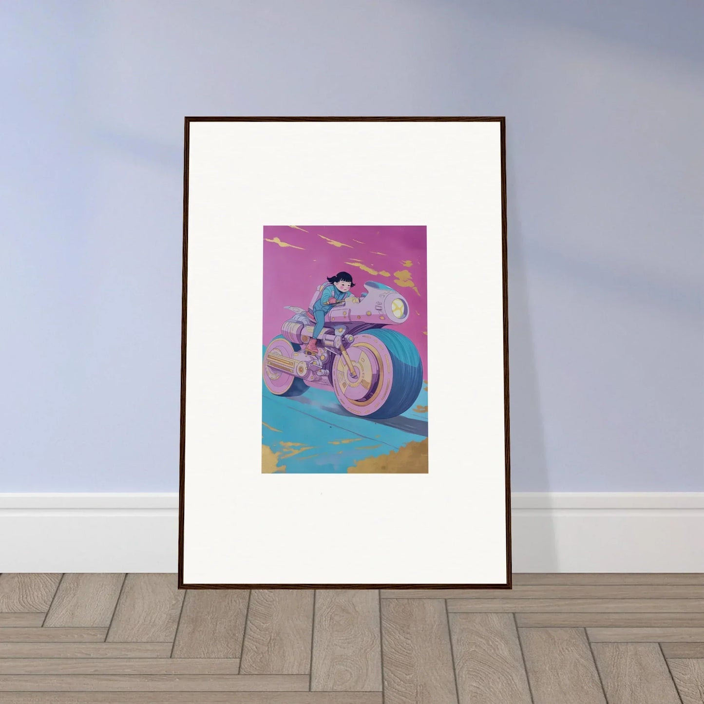 Framed wall art of a person on a futuristic motorcycle, vibrant room decor with growing pulses