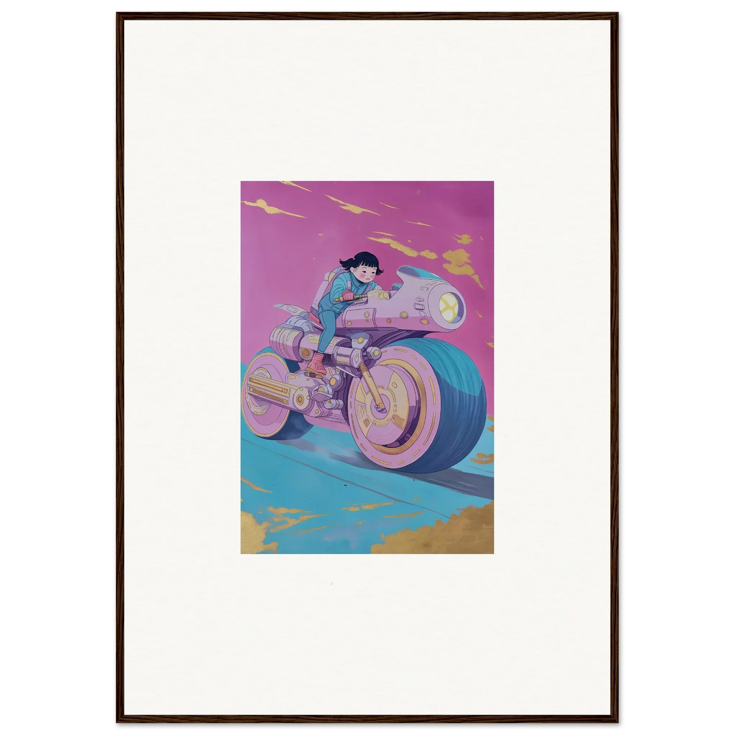Stylized illustration of a person on a futuristic motorcycle for room decor or framed wall art