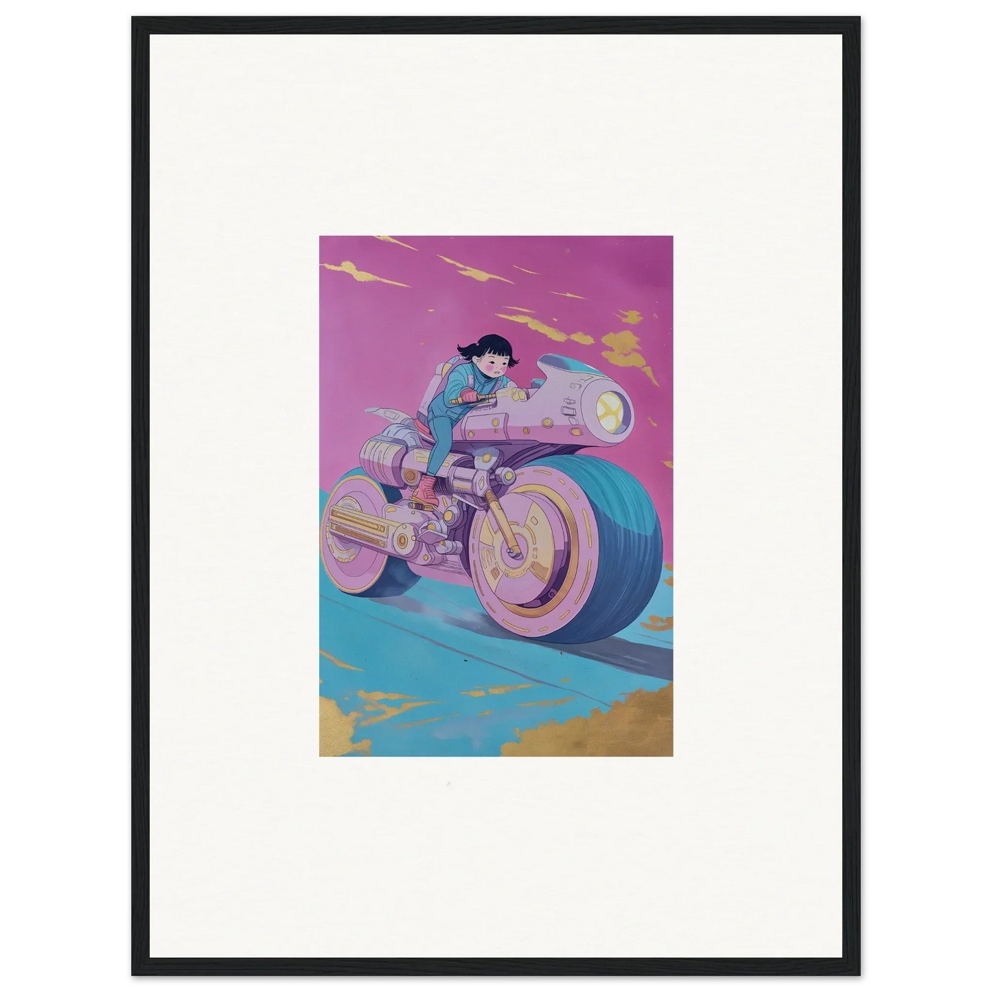Stylized illustration of a person on a futuristic motorcycle, perfect for room decor