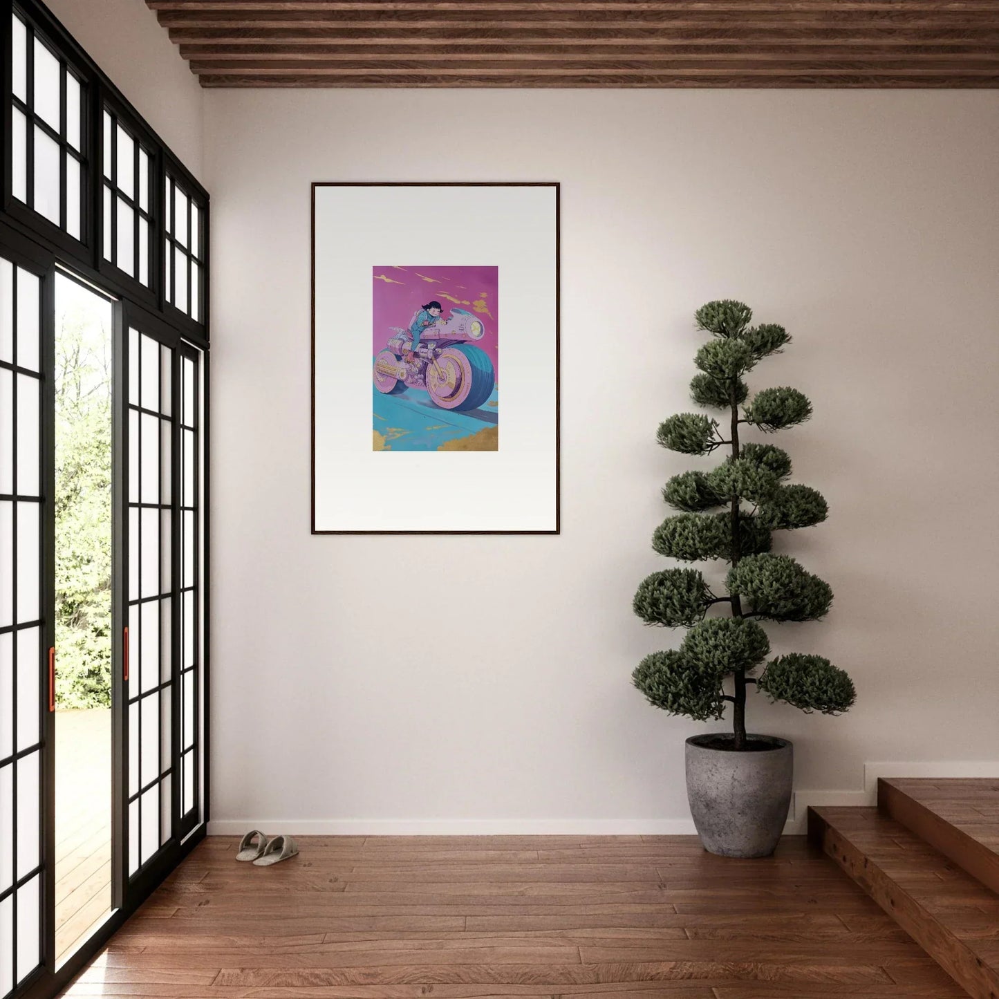 Framed wall art of a colorful figure on a bicycle, ideal for room decor and growing pulses