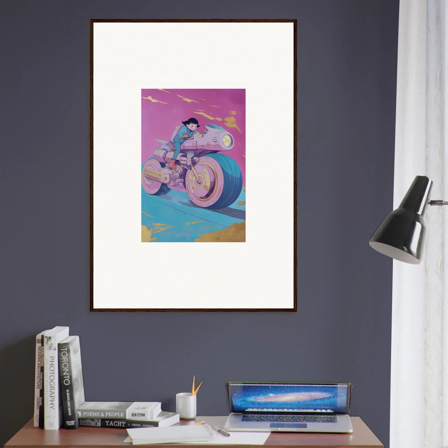 Framed wall art of a motorcyclist on a futuristic bike for stylish room decor