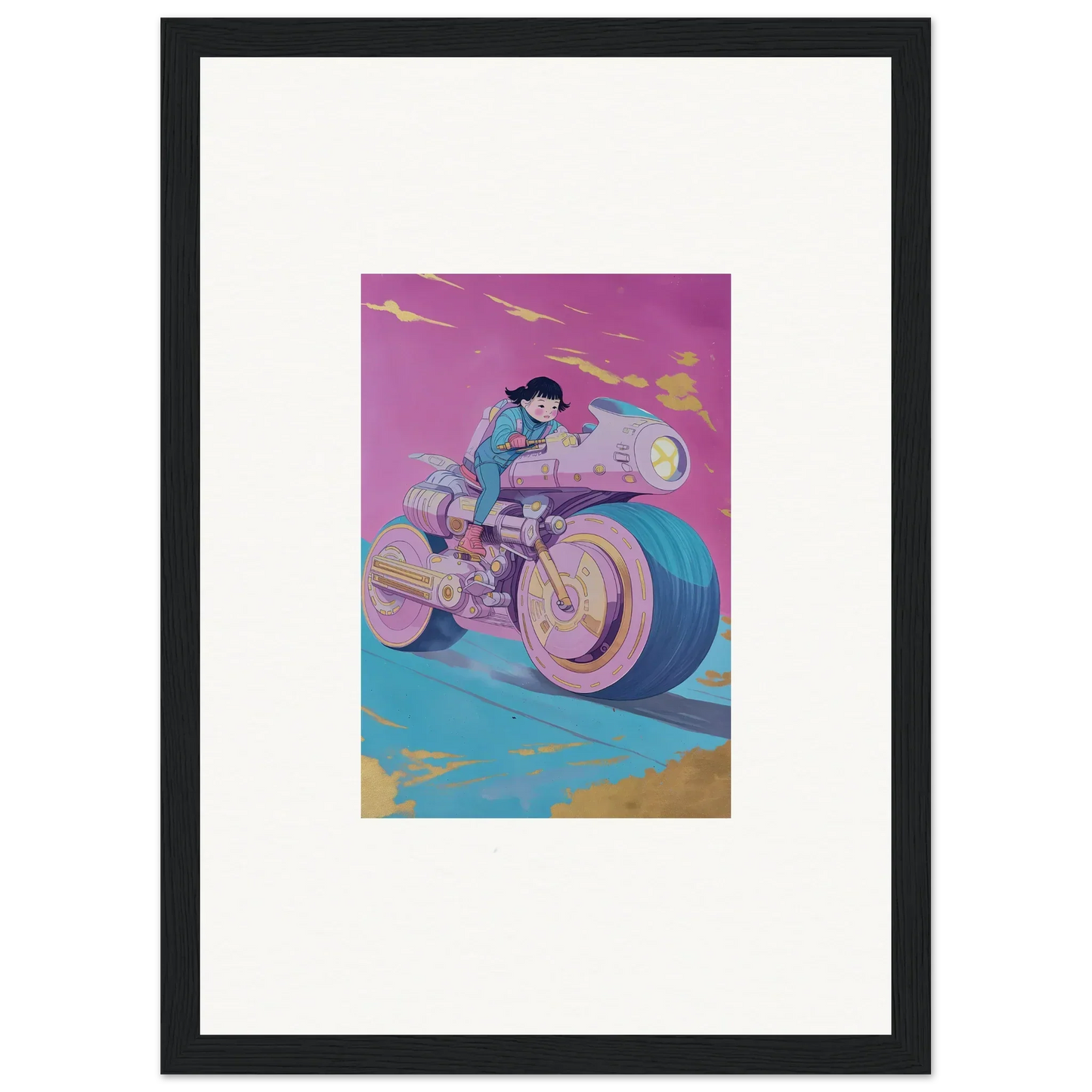 Stylized illustration of a person on a futuristic motorcycle for unique room decor