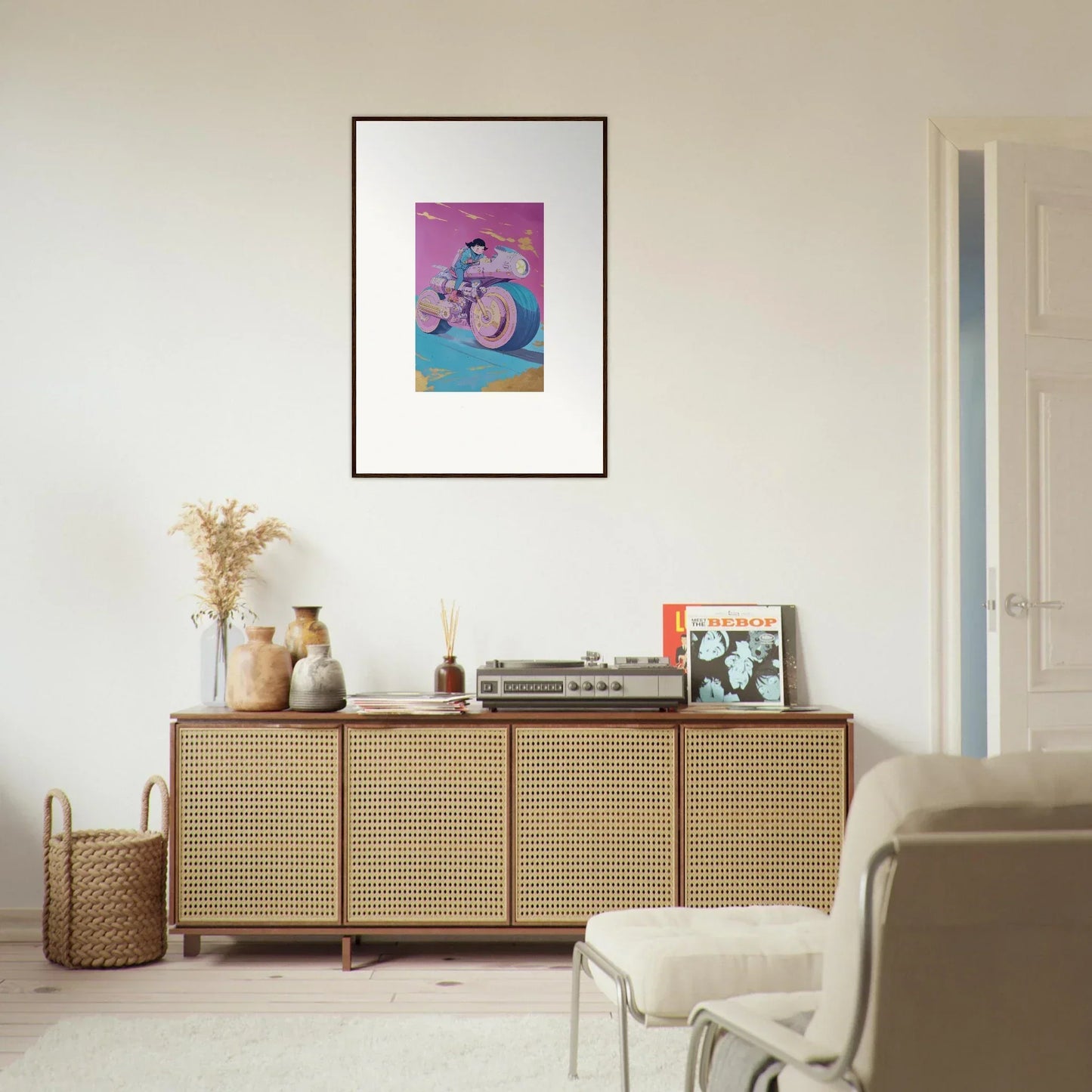 Framed wall art of a person on pink and blue background for stylish room decor
