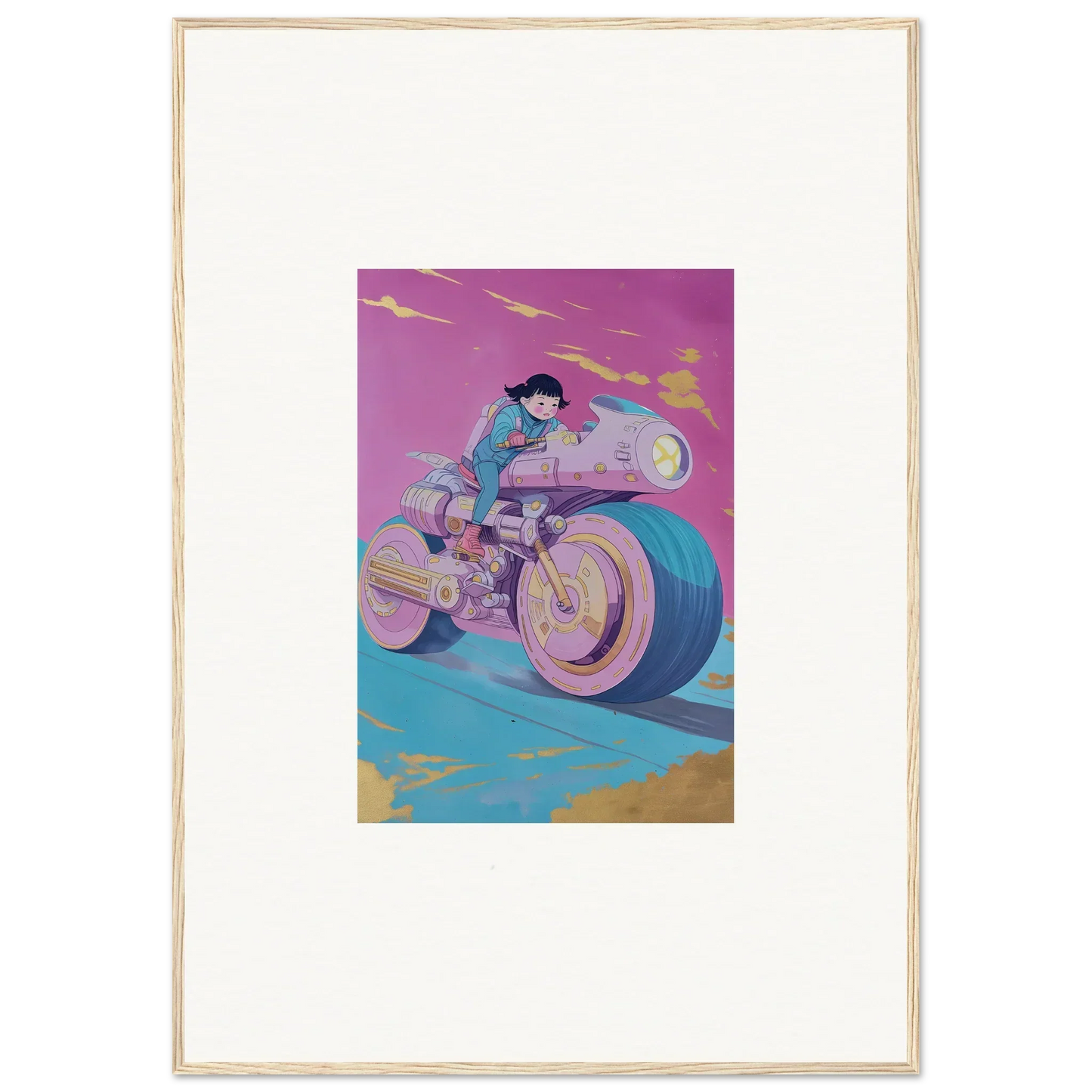 Stylized illustration of a person on a futuristic motorcycle for growing pulses room decor