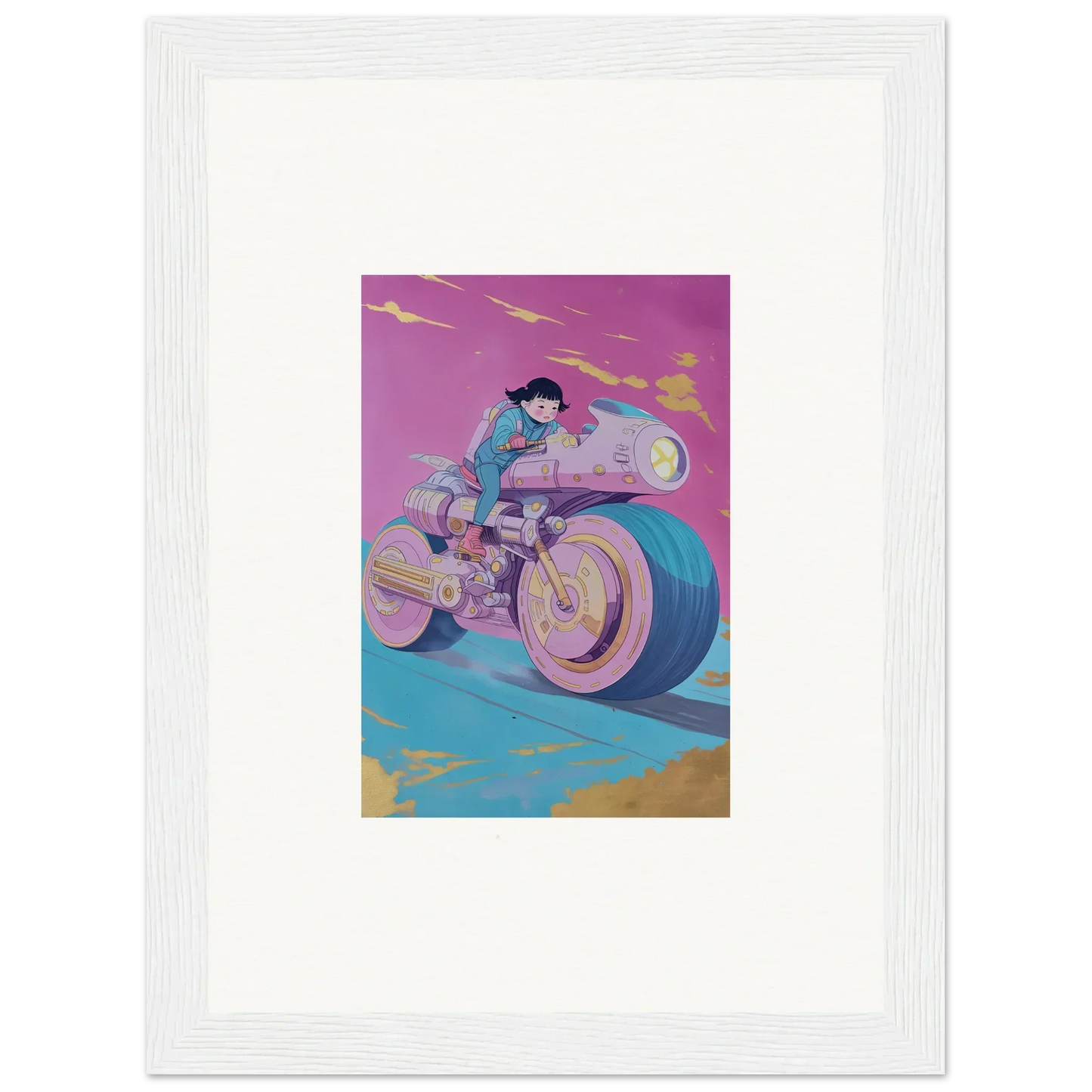 Stylized illustration of a person on a futuristic motorcycle for modern room decor