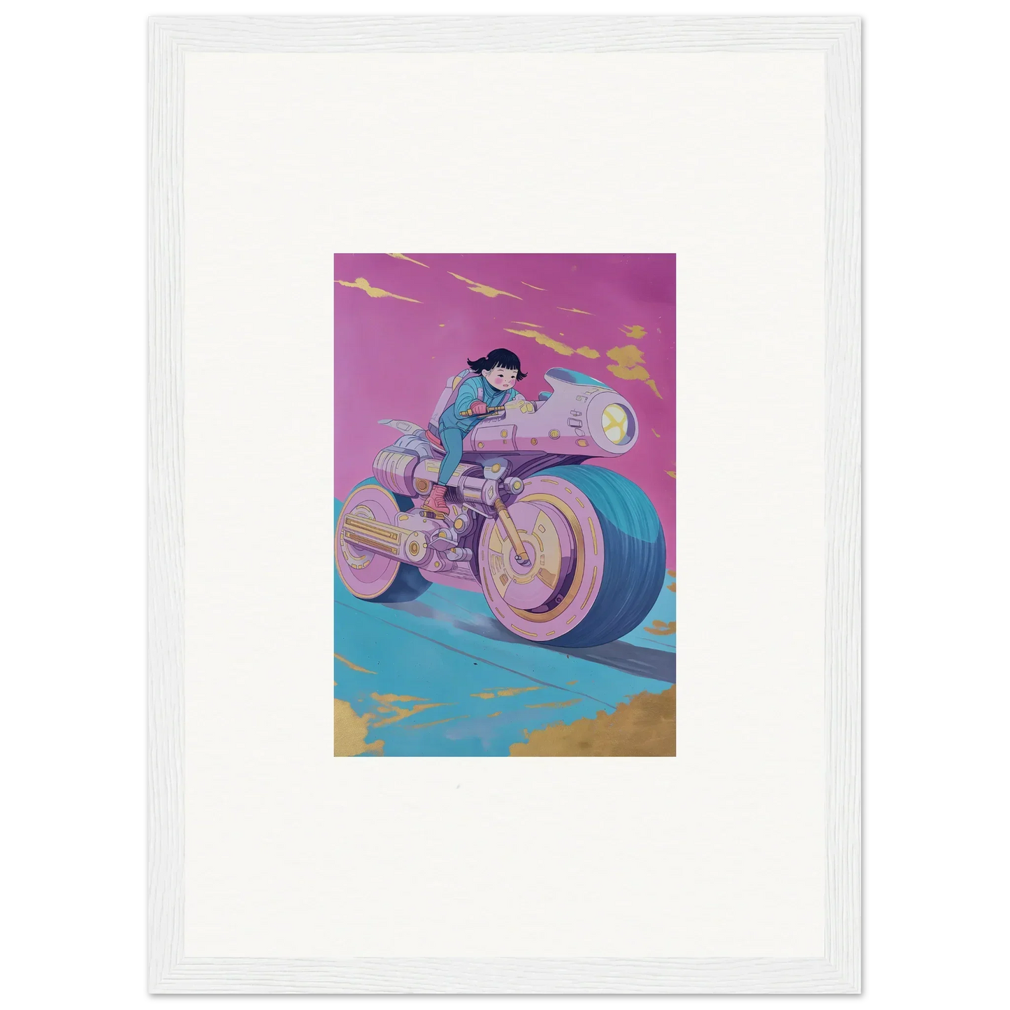 Stylized illustration of a person on a futuristic motorcycle for room decor framed wall art