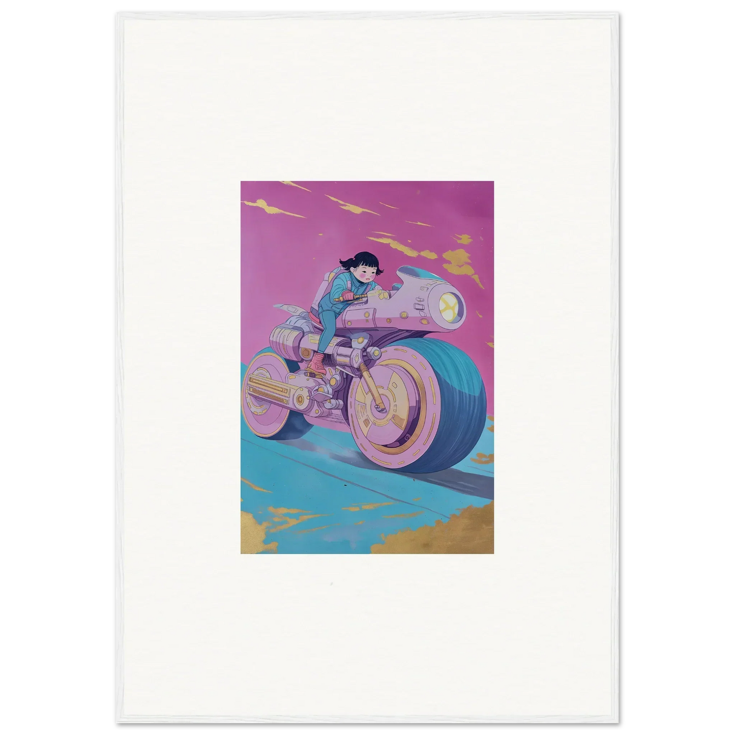 Stylized illustration of a person on a futuristic motorcycle, perfect for room decor