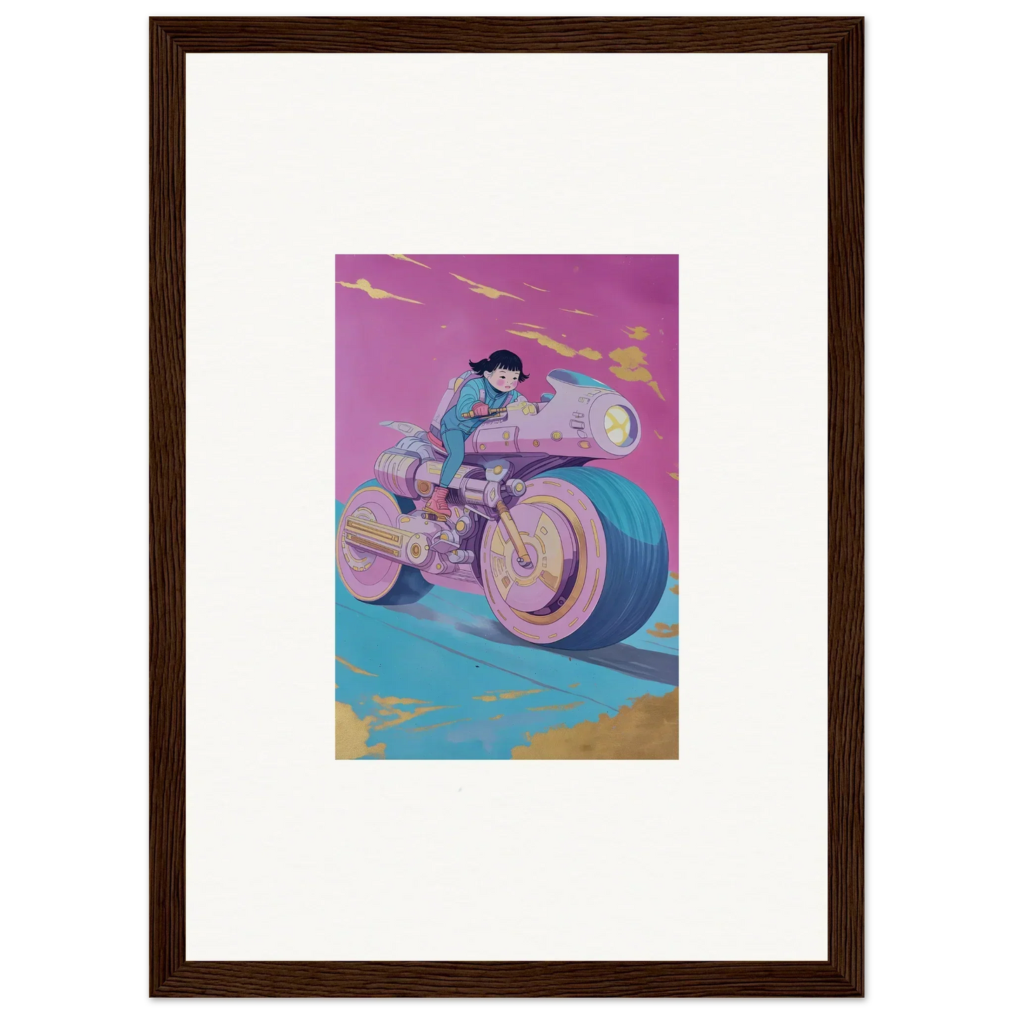 Stylized illustration of a person on a futuristic motorcycle for room decor or framed wall art