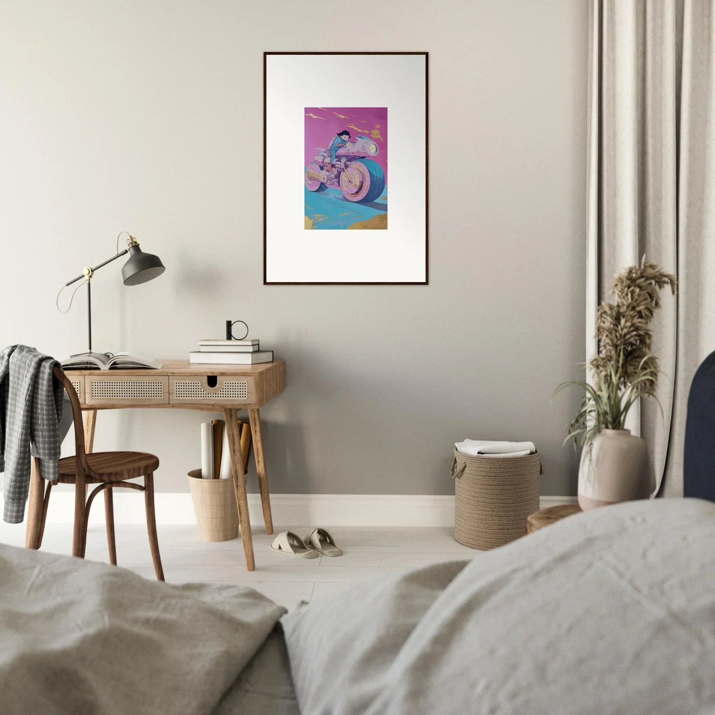 Framed wall art of a figure on a pink and blue background for vibrant room decor