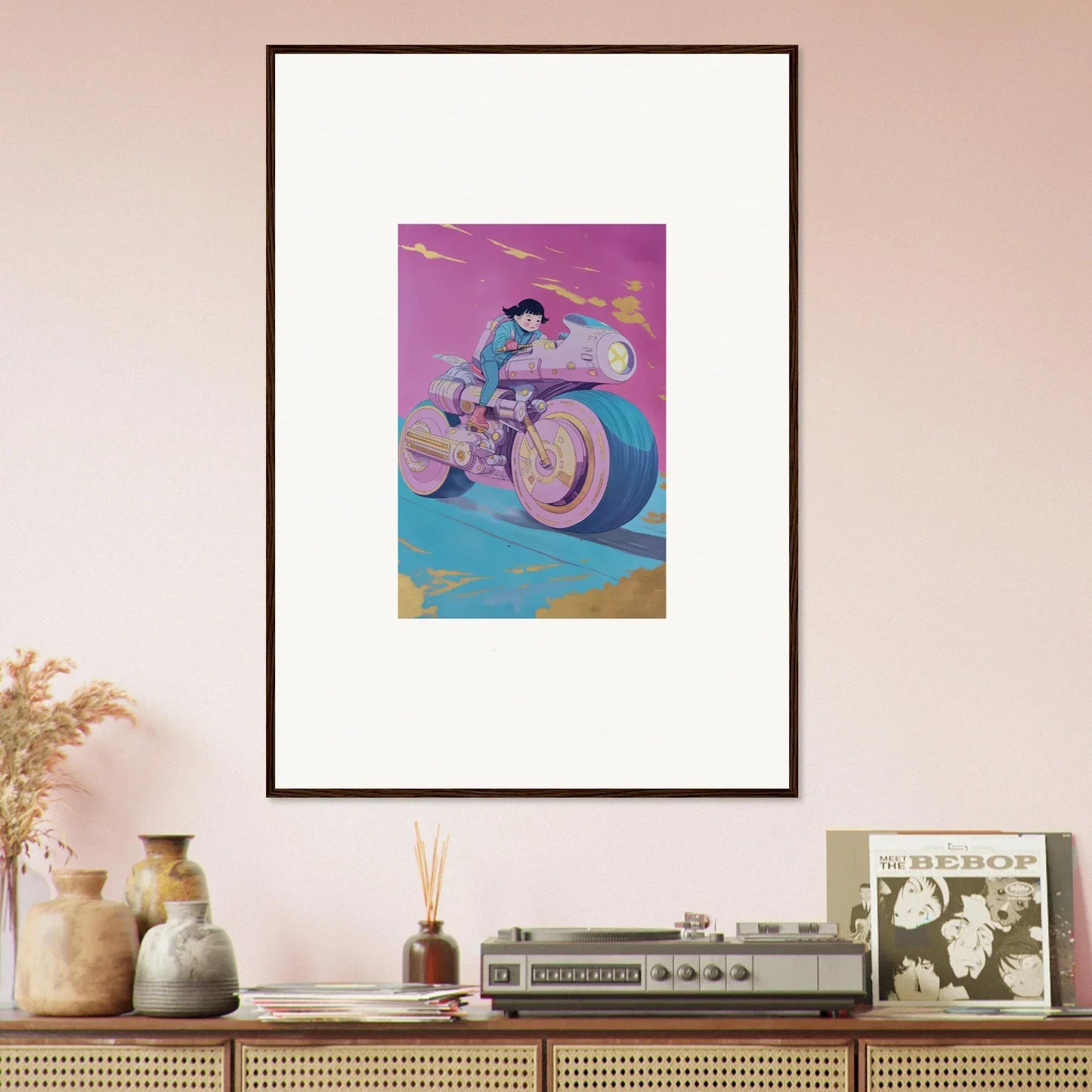 Framed wall art of a motorcyclist on a futuristic bike, ideal for room decor with growing pulses