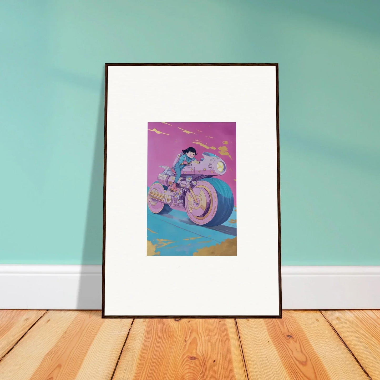 Framed wall art of a colorful illustration of a person riding a futuristic motorcycle