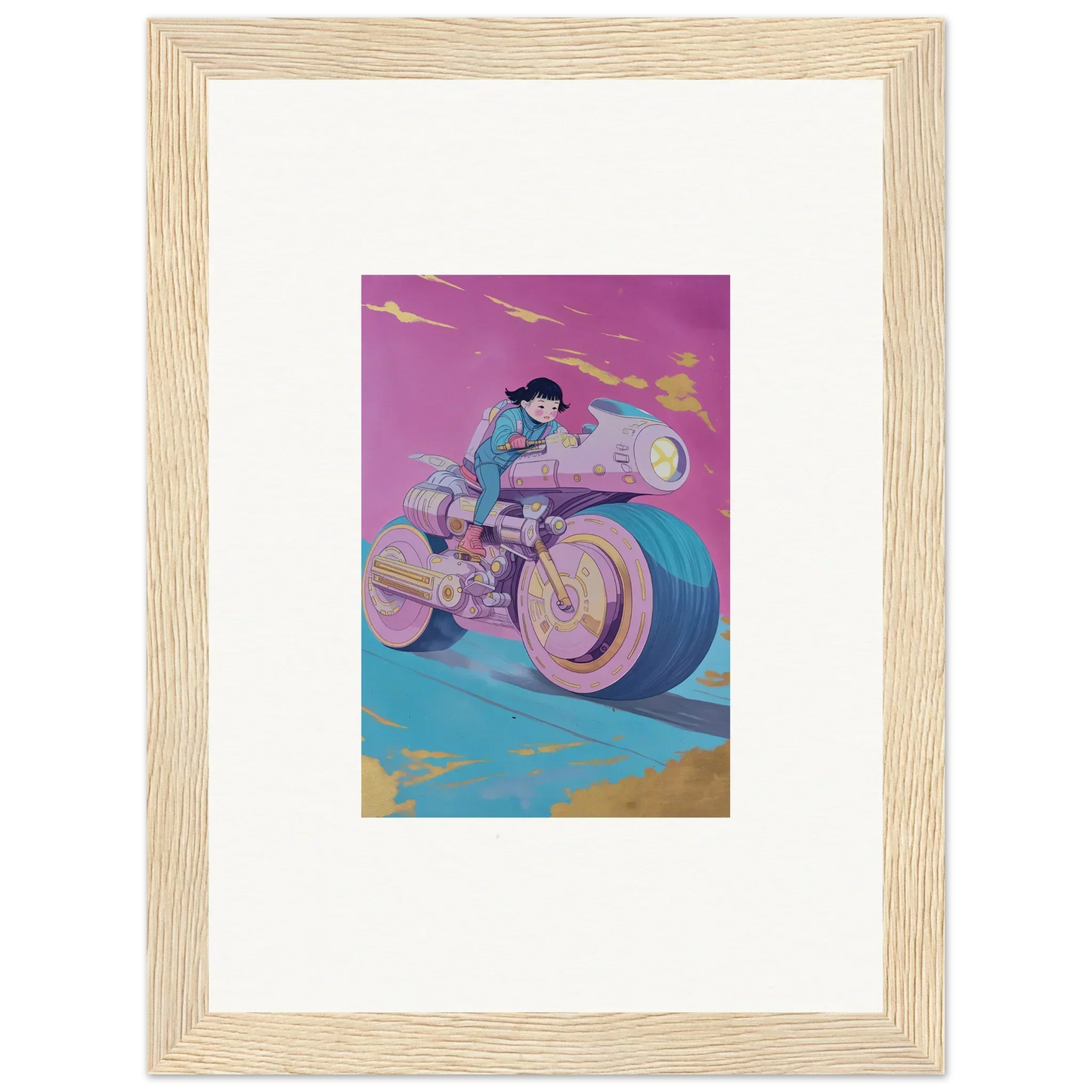 Colorful illustration of a person on a futuristic motorcycle for growing pulses room decor