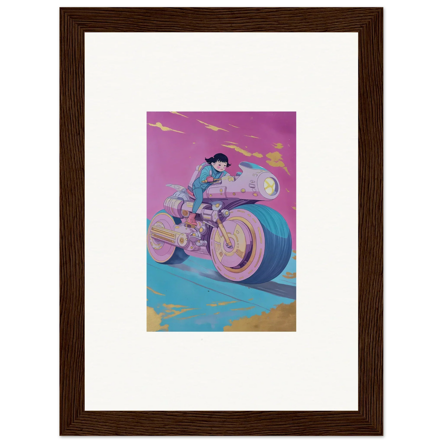 Stylized illustration of a person riding a futuristic motorcycle for room decor