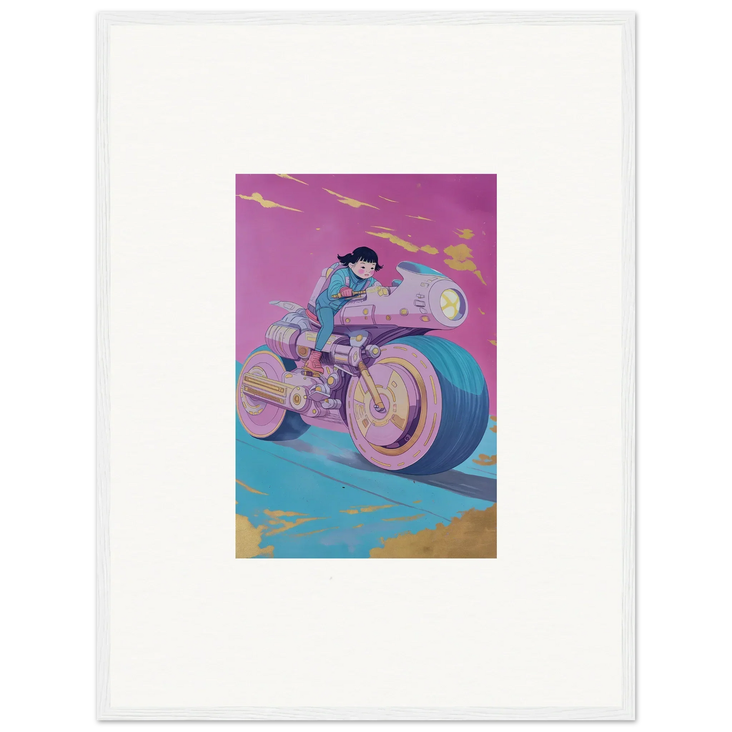 Futuristic motorcycle with rider in vibrant art for growing pulses room decor