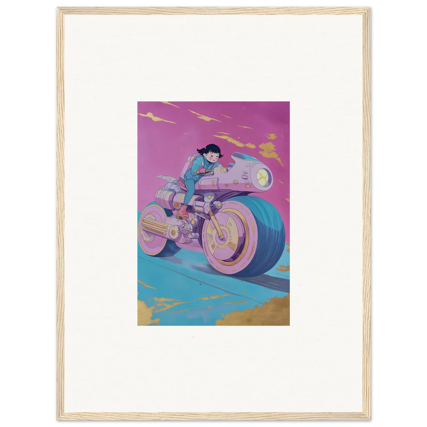 Stylized illustration of a person on a futuristic motorcycle for unique room decor