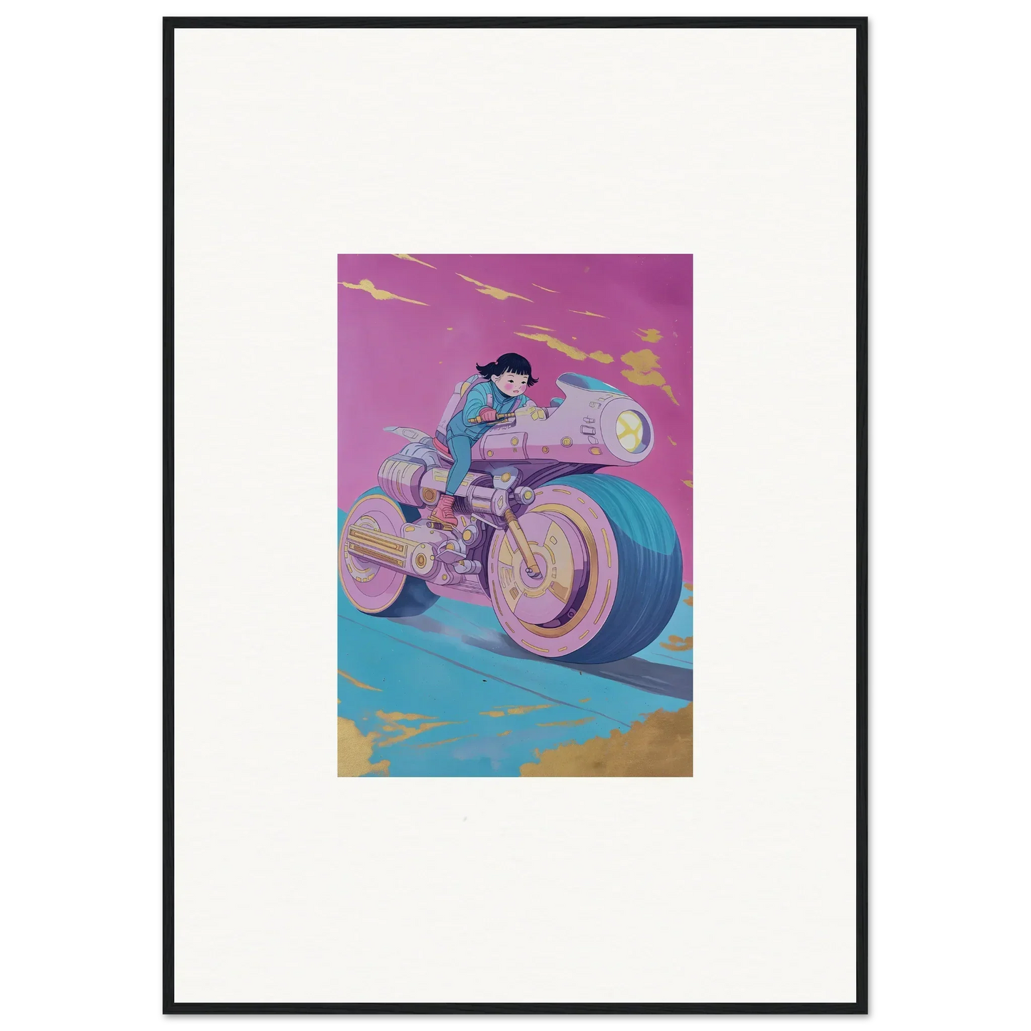 Stylized illustration of a person riding a futuristic motorcycle for room decor