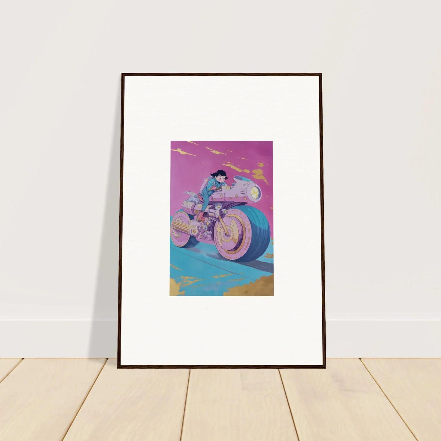 Framed wall art of a person riding a motorcycle, vibrant room decor featuring growing pulses