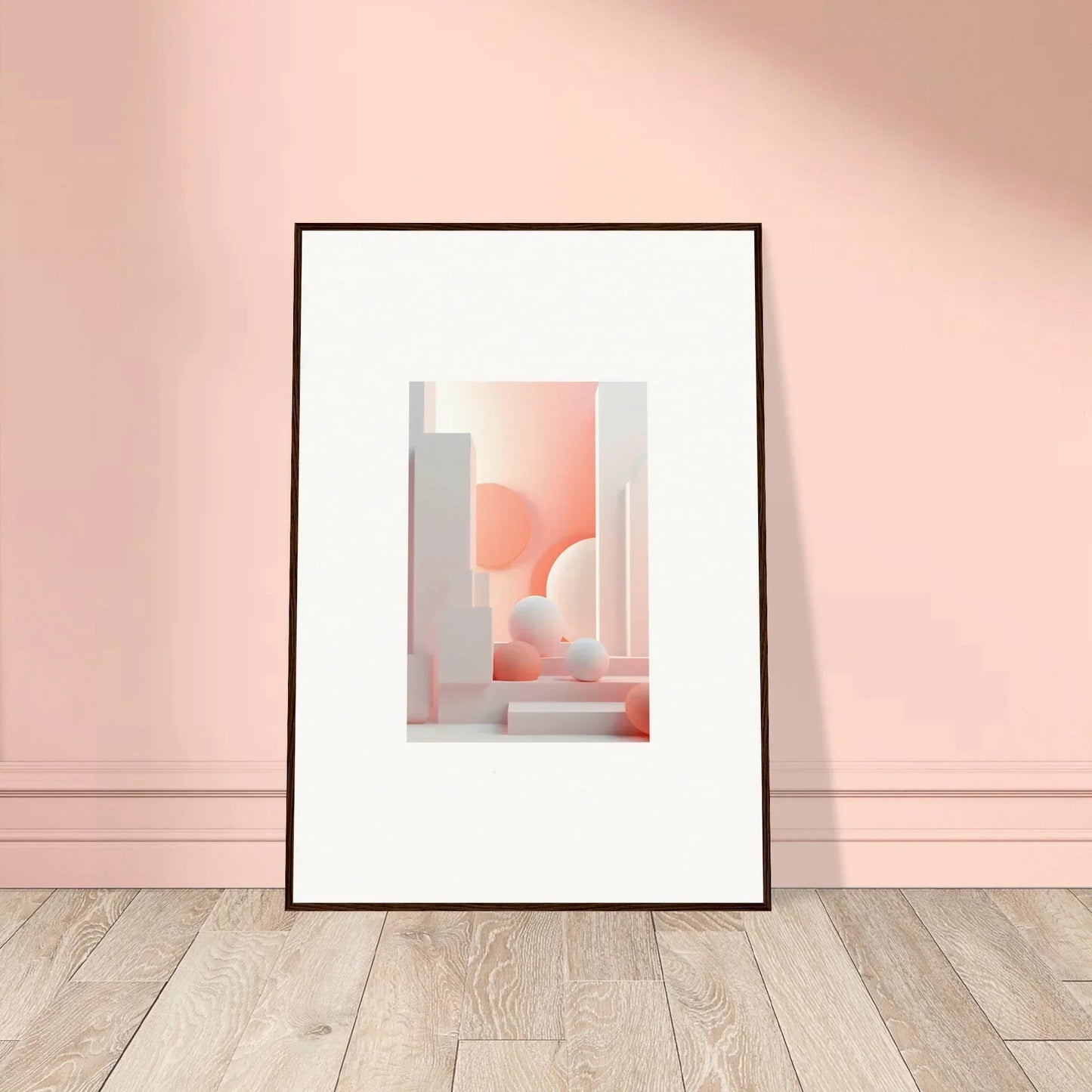 Framed abstract artwork featuring geometric shapes in soft pink and white tones.