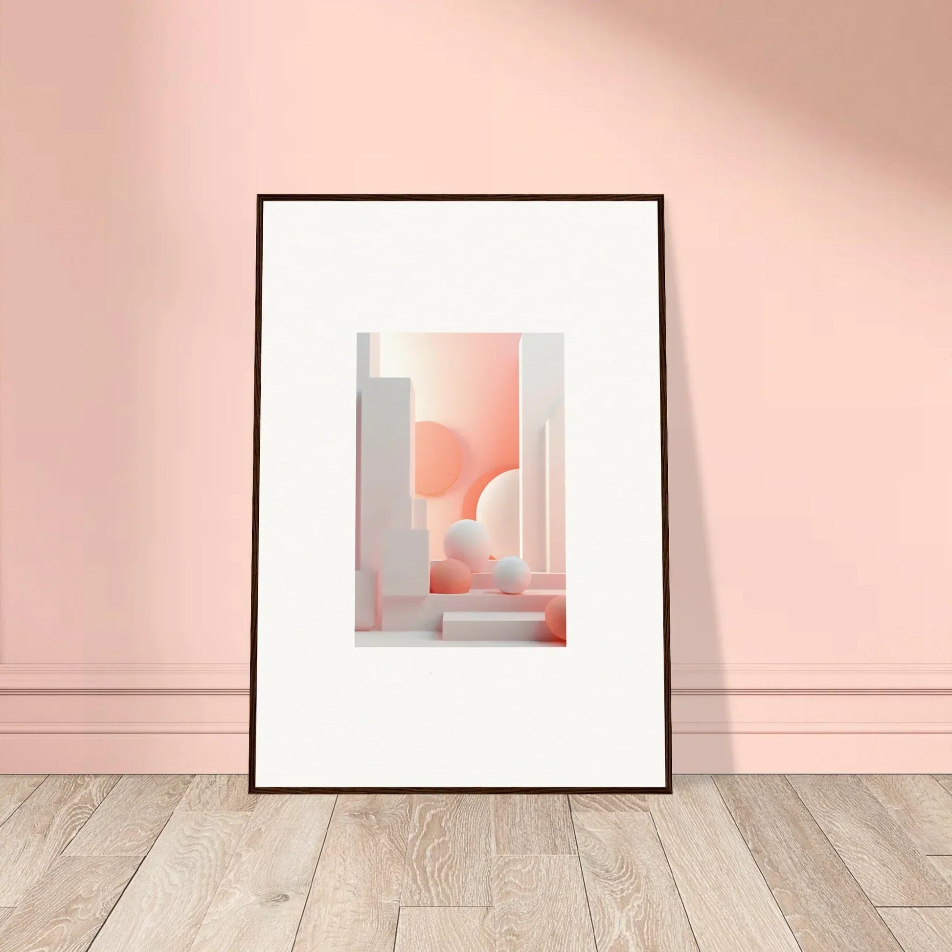 Framed abstract artwork featuring geometric shapes in soft pink and white tones.