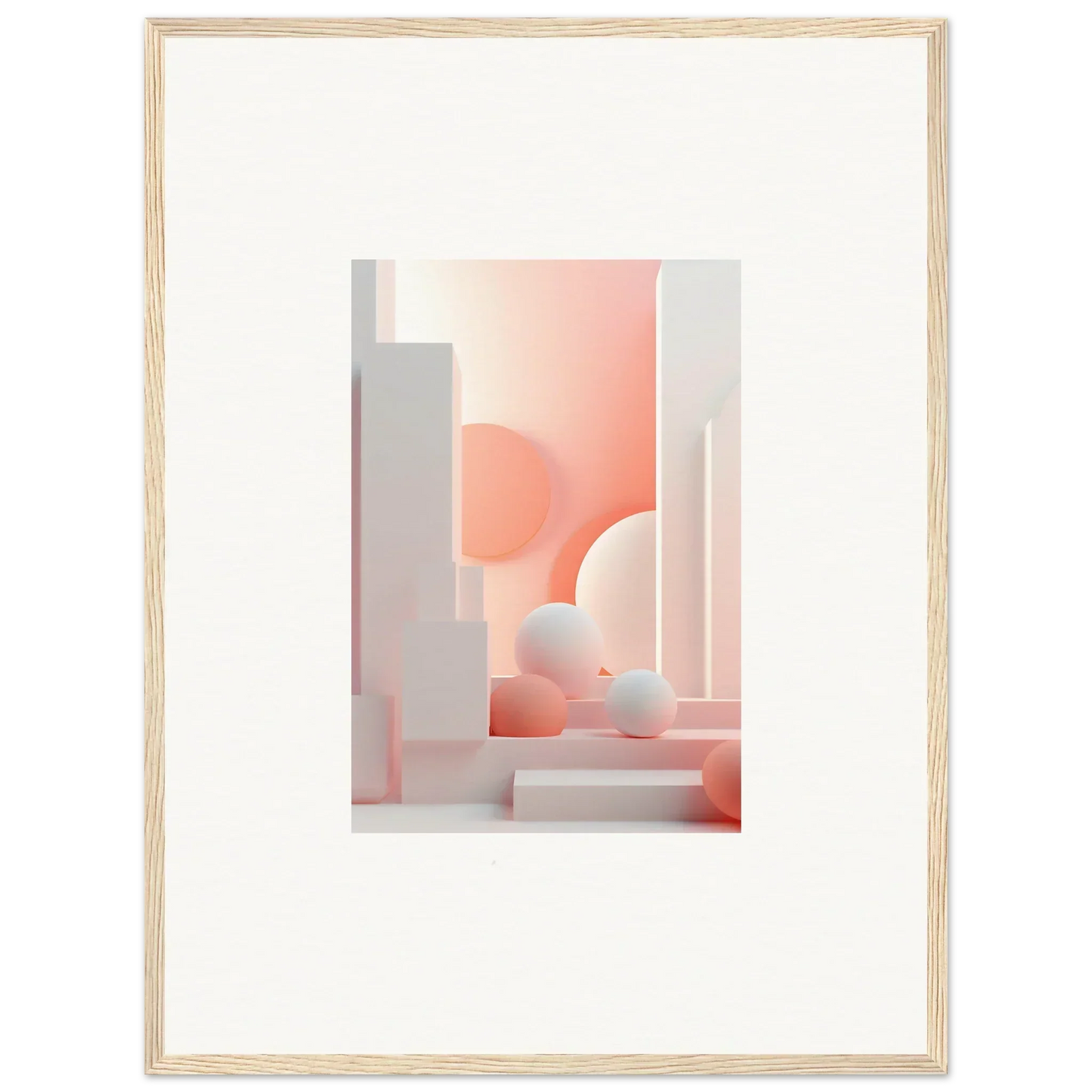 Framed abstract artwork featuring geometric shapes in soft pink and white tones.