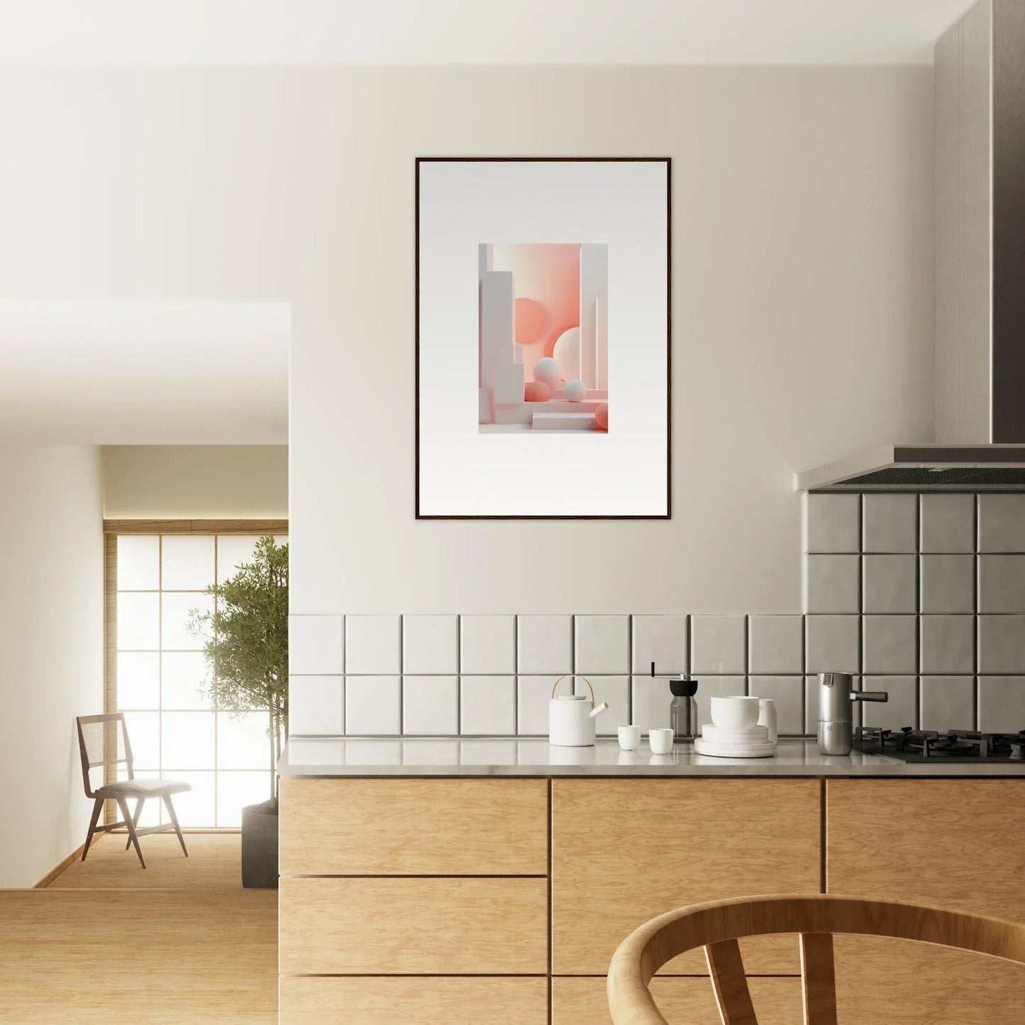 Modern kitchen with wooden cabinets, tiled backsplash, and abstract framed artwork on the wall.