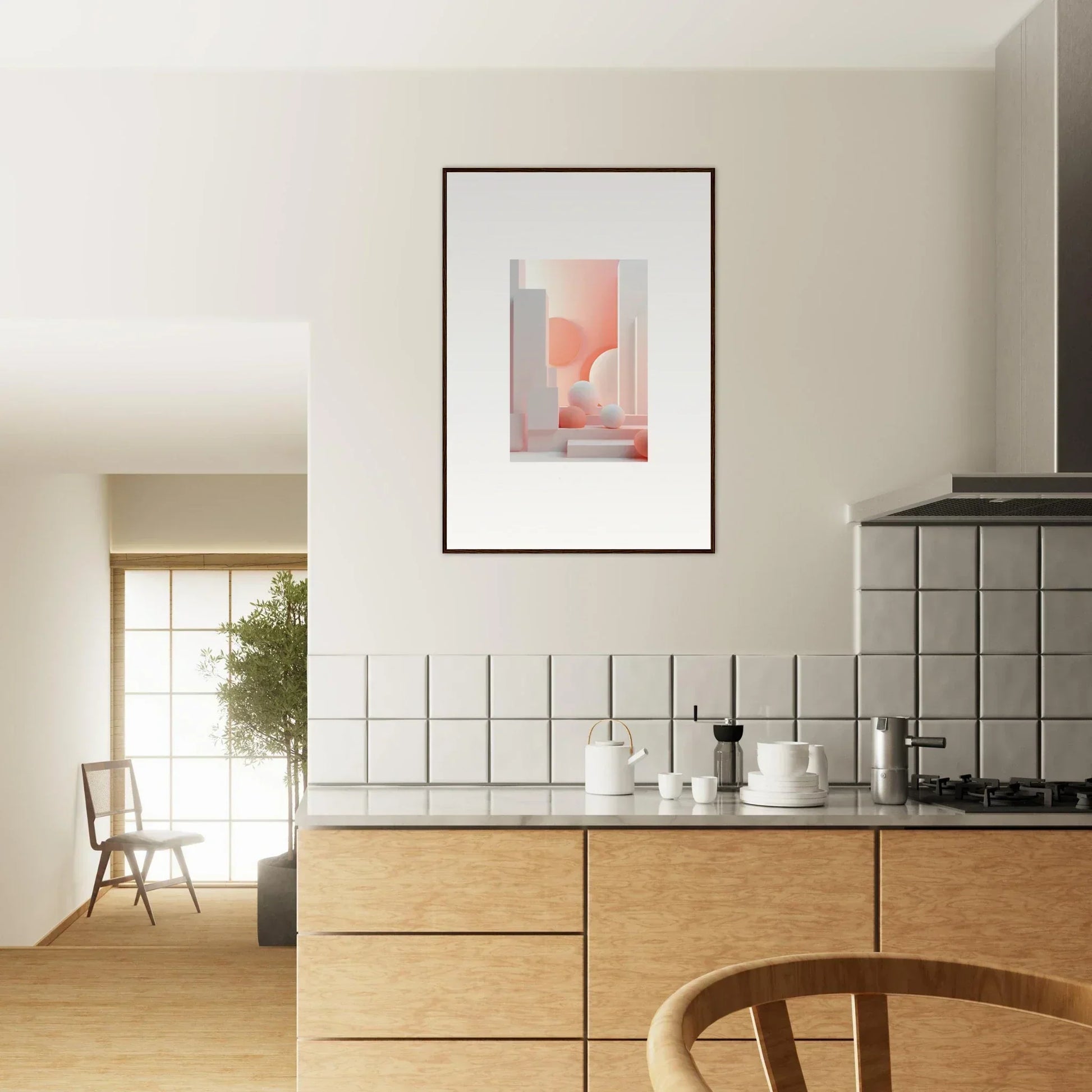 Modern kitchen with wooden cabinets, tiled backsplash, and abstract framed artwork on the wall.