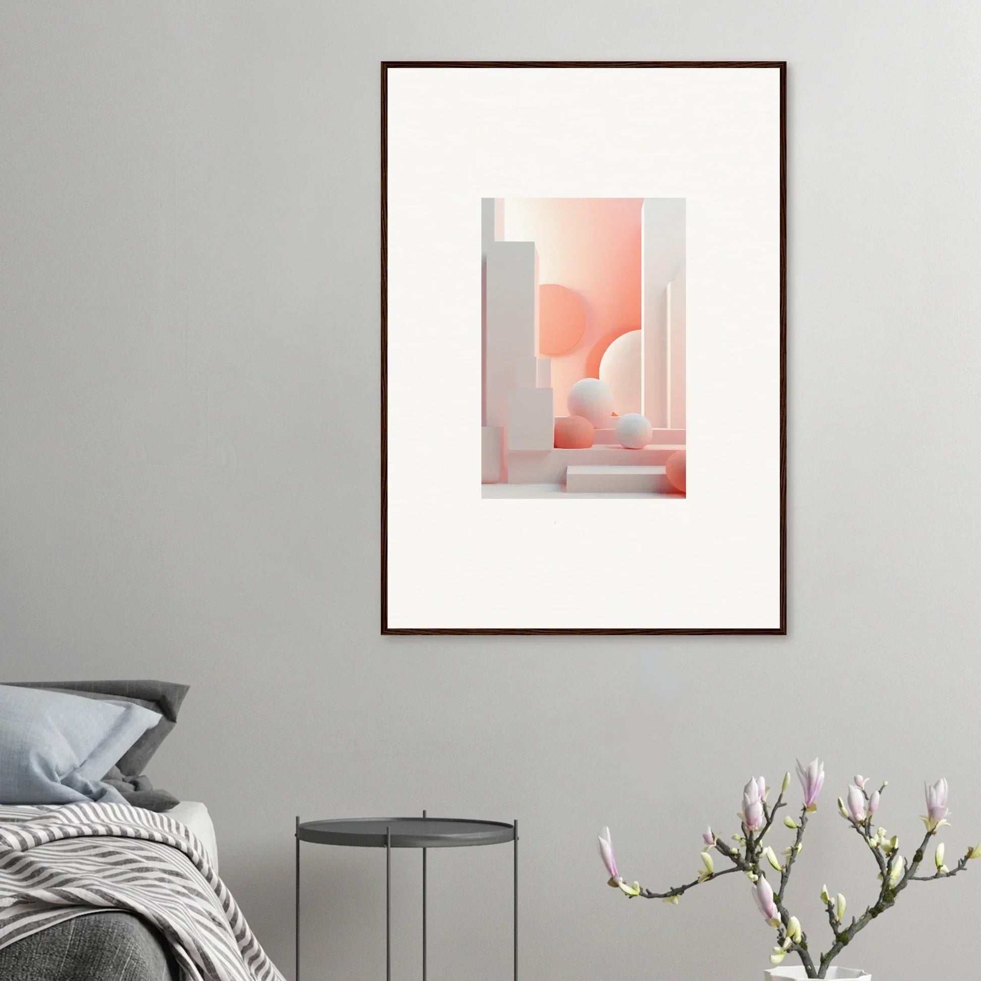 Framed abstract artwork featuring soft pastel shapes and geometric forms.